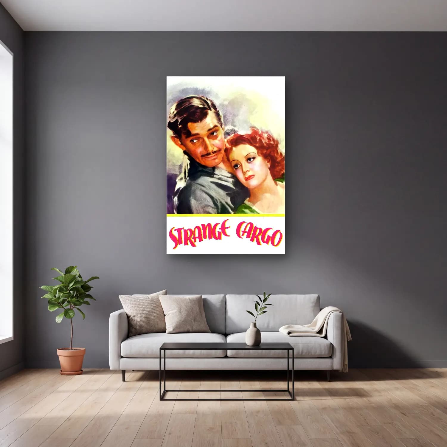 Vintage Poster Aşıklar – Mor Tonlar cam tablo — gri duvarlı salonda