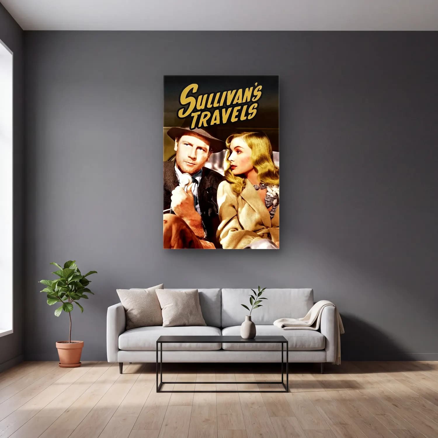 Vintage Poster Klasik Araba No. 4 cam tablo — gri duvarlı salonda