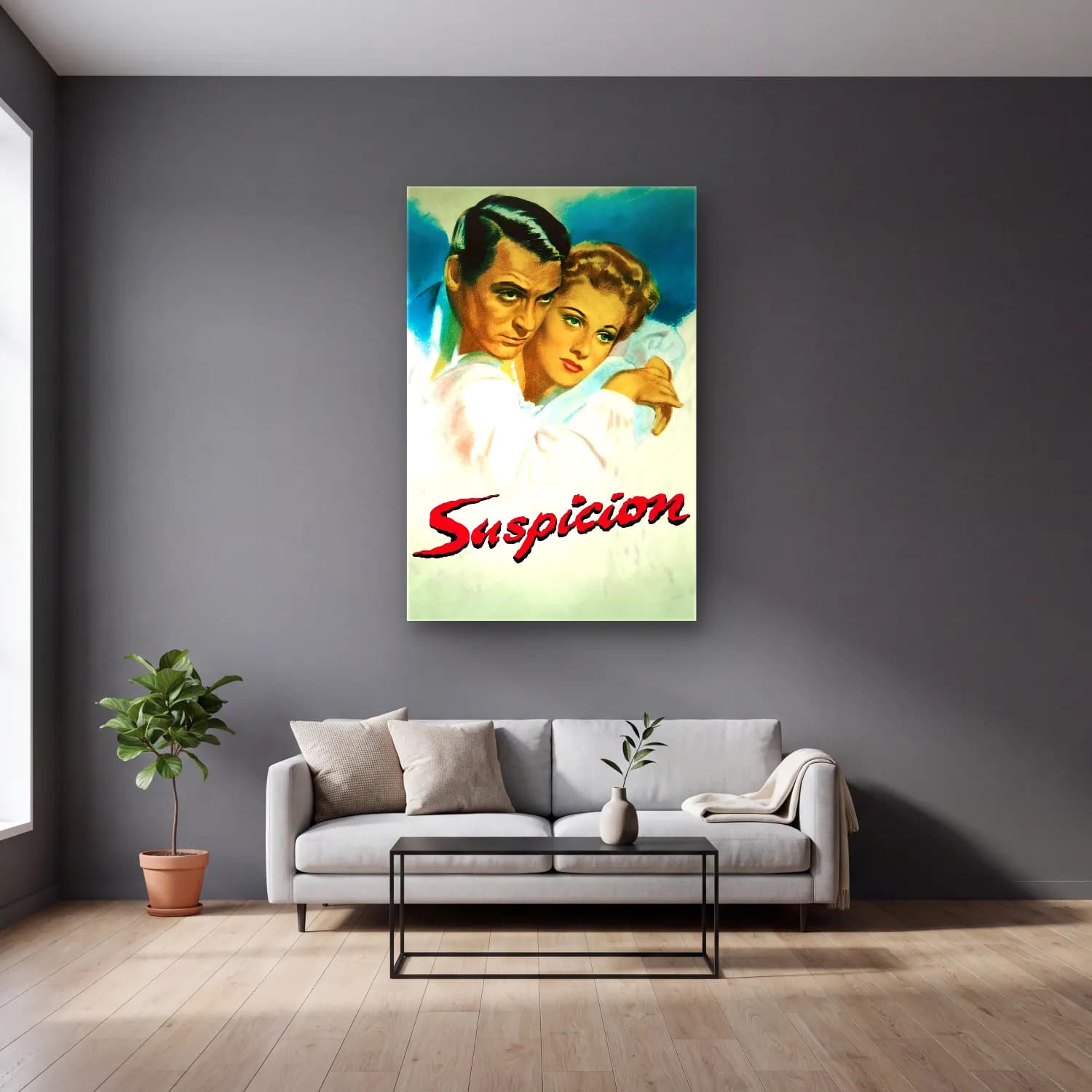 Vintage Poster Aşıklar No. 47 cam tablo — gri duvarlı salonda