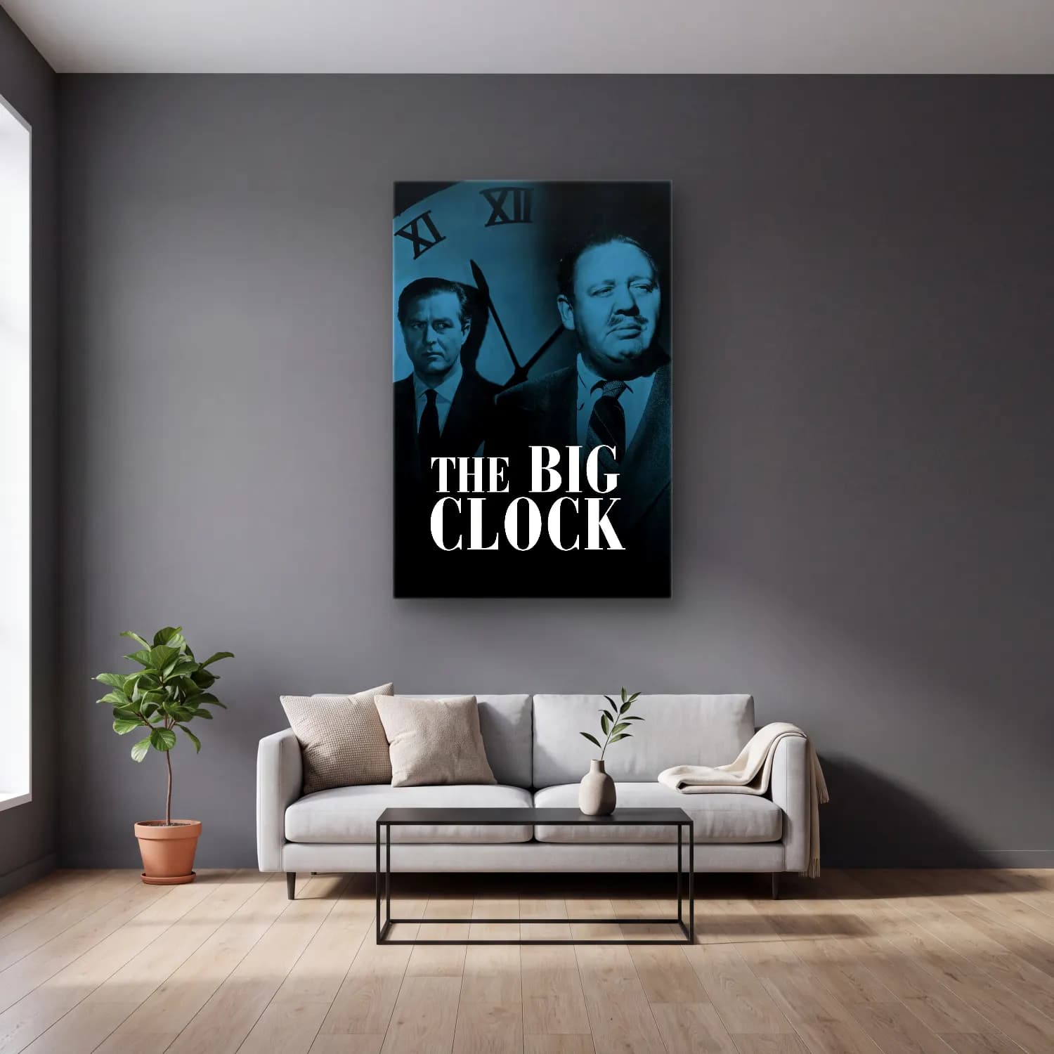 Vintage Poster Saat No. 4 cam tablo — gri duvarlı salonda
