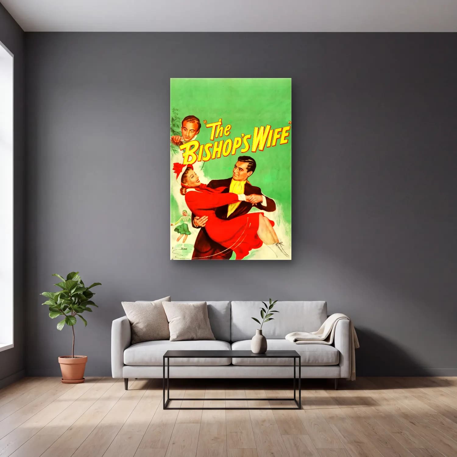 Vintage Poster Dini Sahne No. 5 cam tablo — gri duvarlı salonda