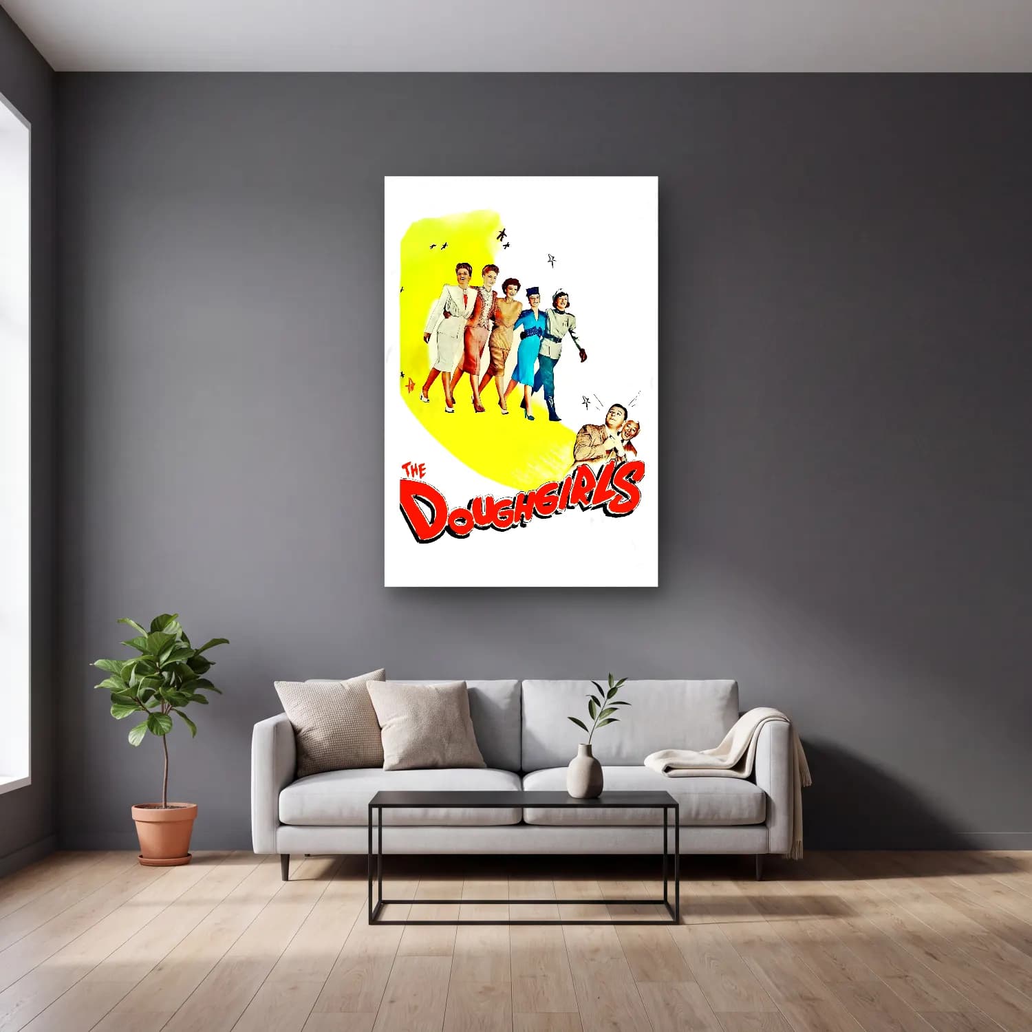 Vintage Poster Elbiseli Kadın No. 49 cam tablo — gri duvarlı salonda