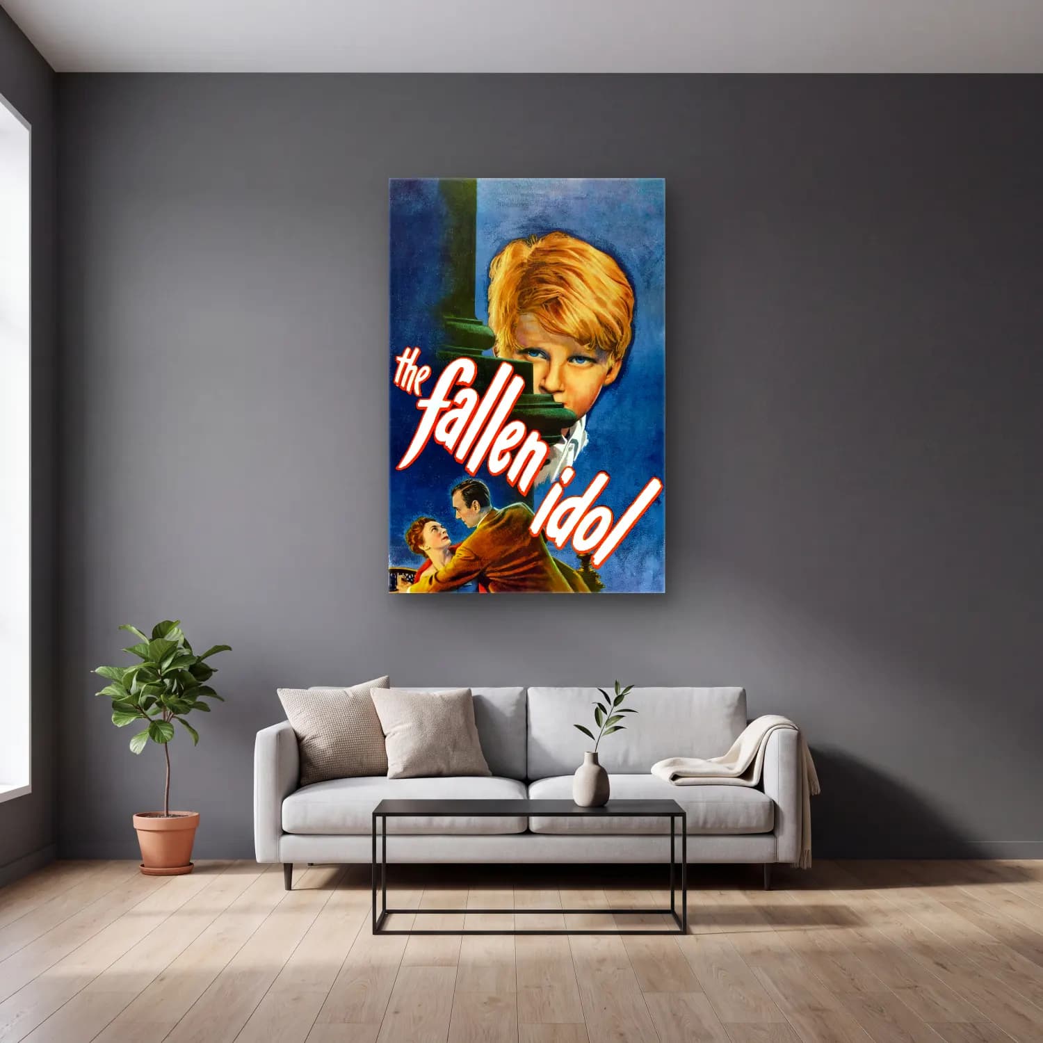 Vintage Poster Şelale No. 4 cam tablo — gri duvarlı salonda