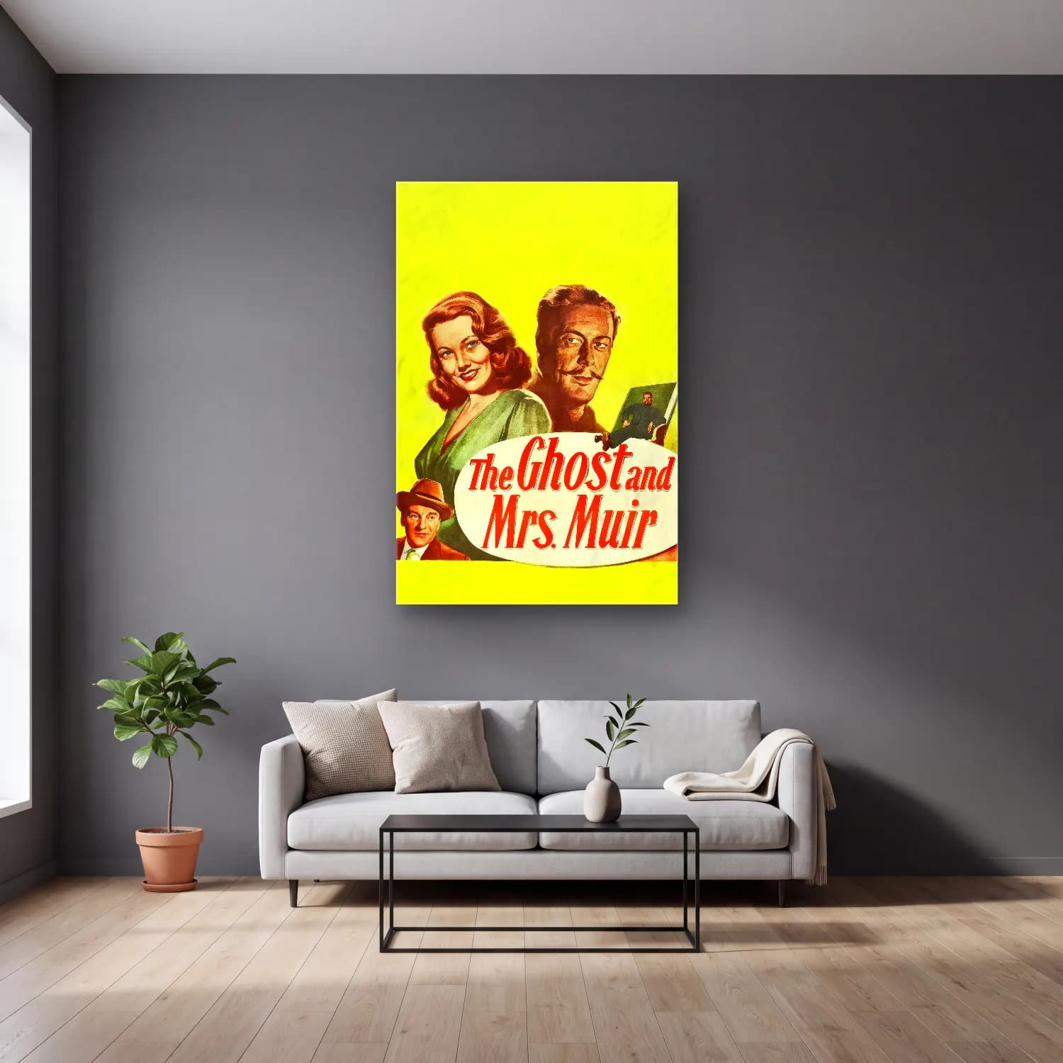 Vintage Poster Elbiseli Kadın No. 50 cam tablo — gri duvarlı salonda