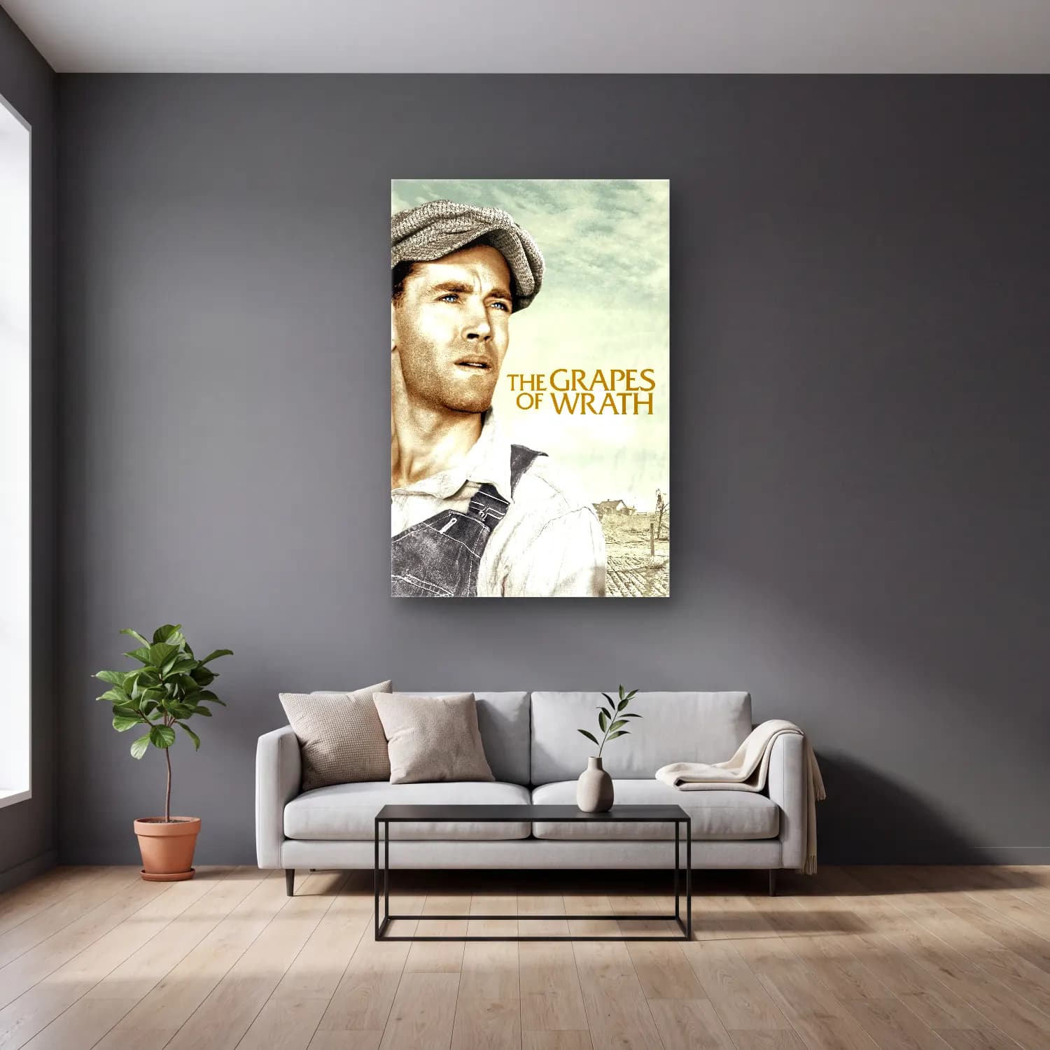 Vintage Poster Üzümler – Mor Tonlar cam tablo — gri duvarlı salonda