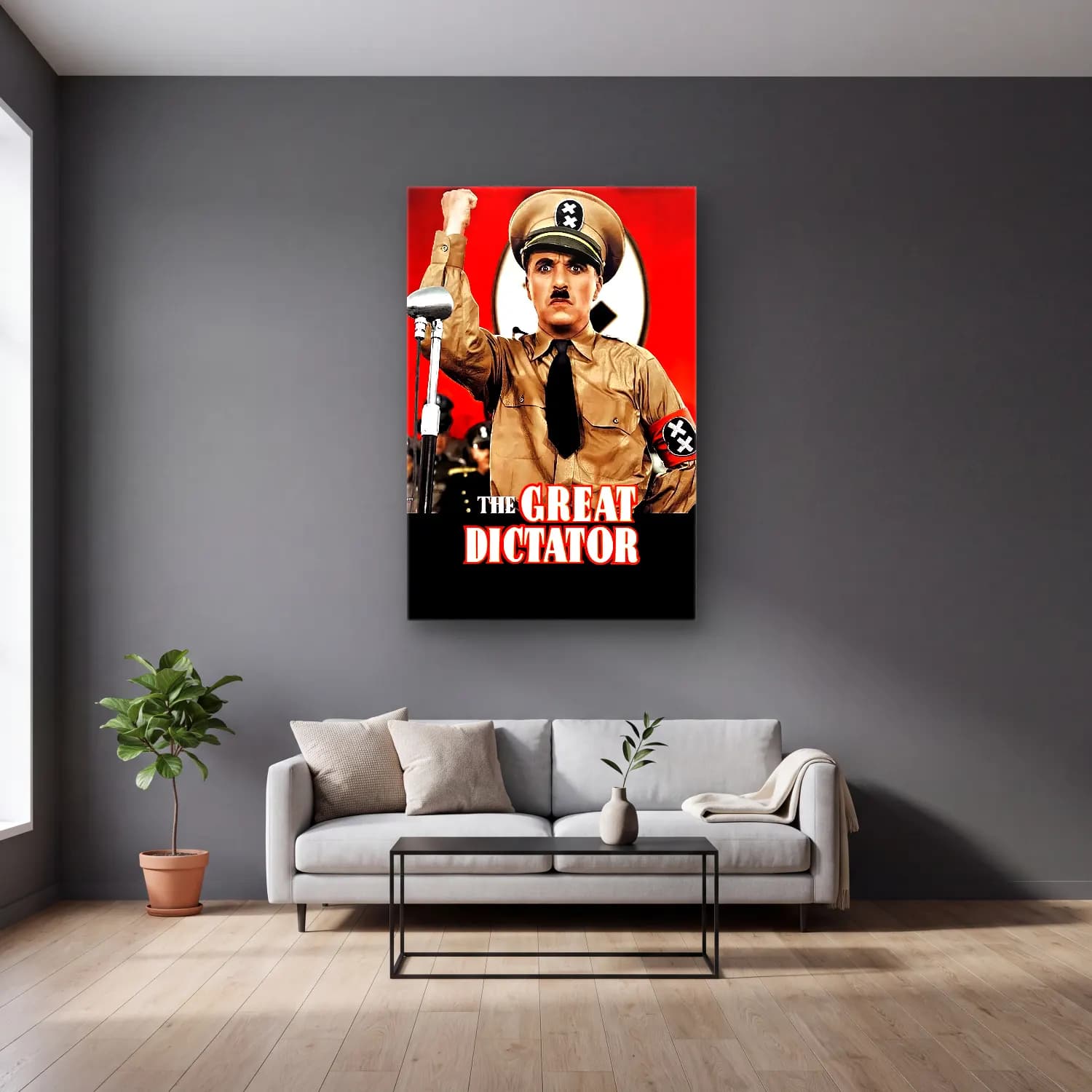 Vintage Poster Şövalye No. 13 cam tablo — gri duvarlı salonda