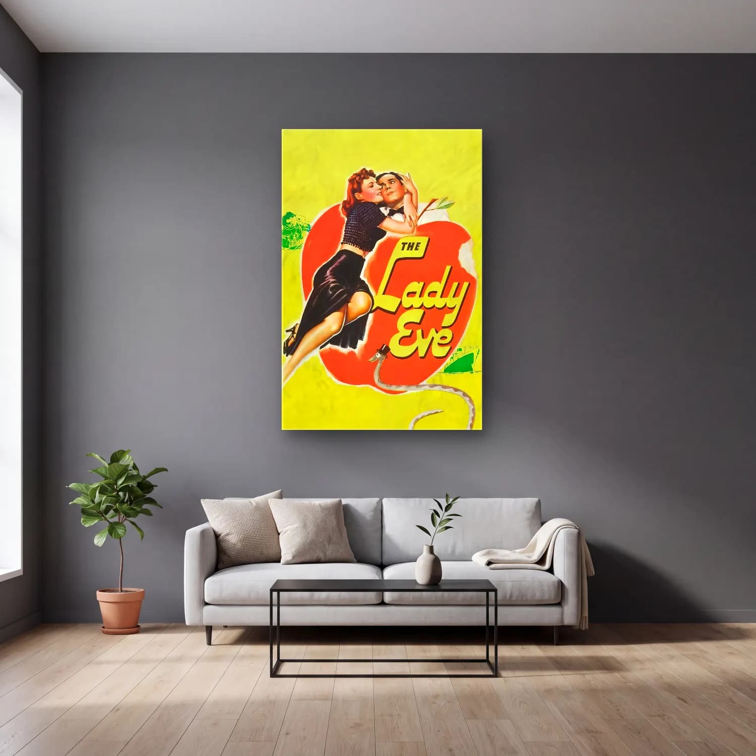 Vintage Poster Elbiseli Kadın No. 51 cam tablo — gri duvarlı salonda