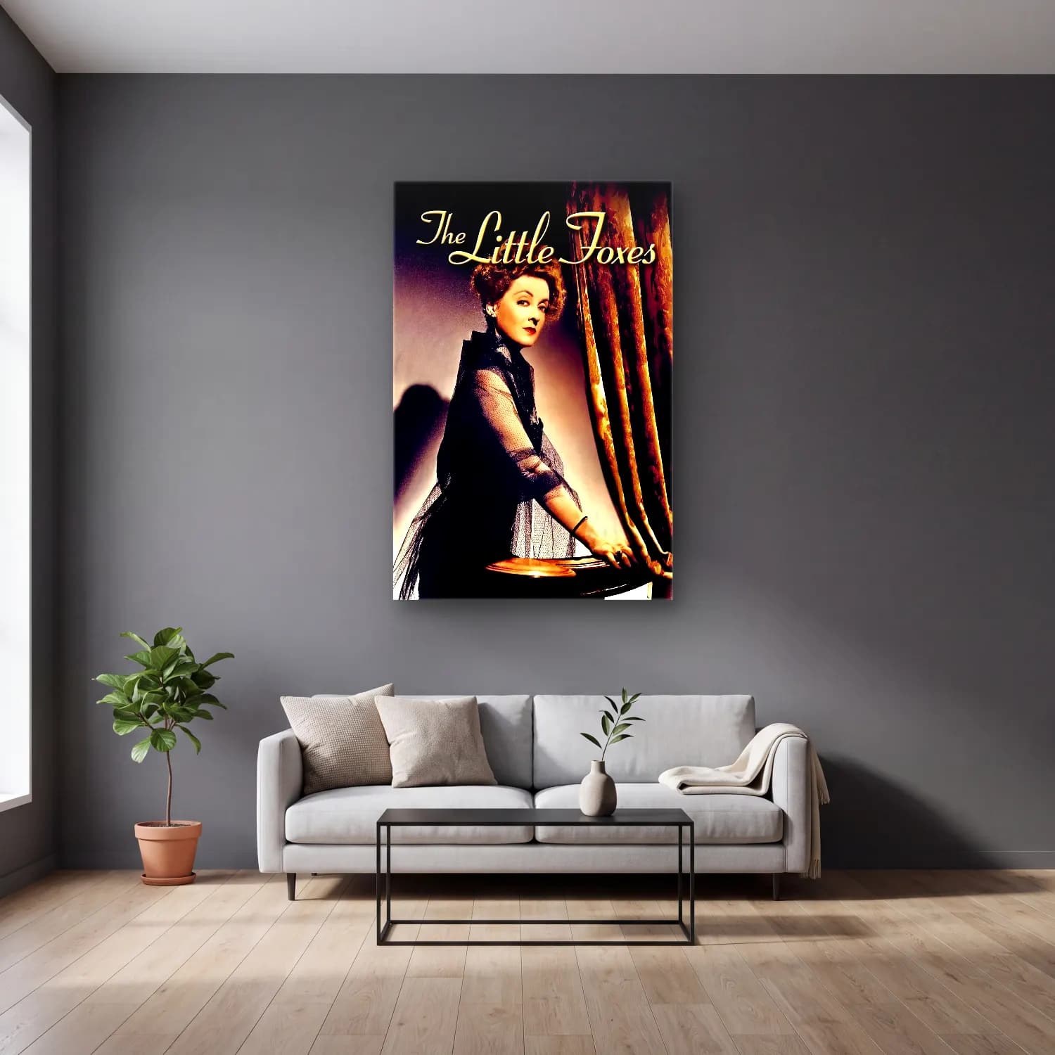 Vintage Poster Elbiseli Kadın No. 53 cam tablo — gri duvarlı salonda