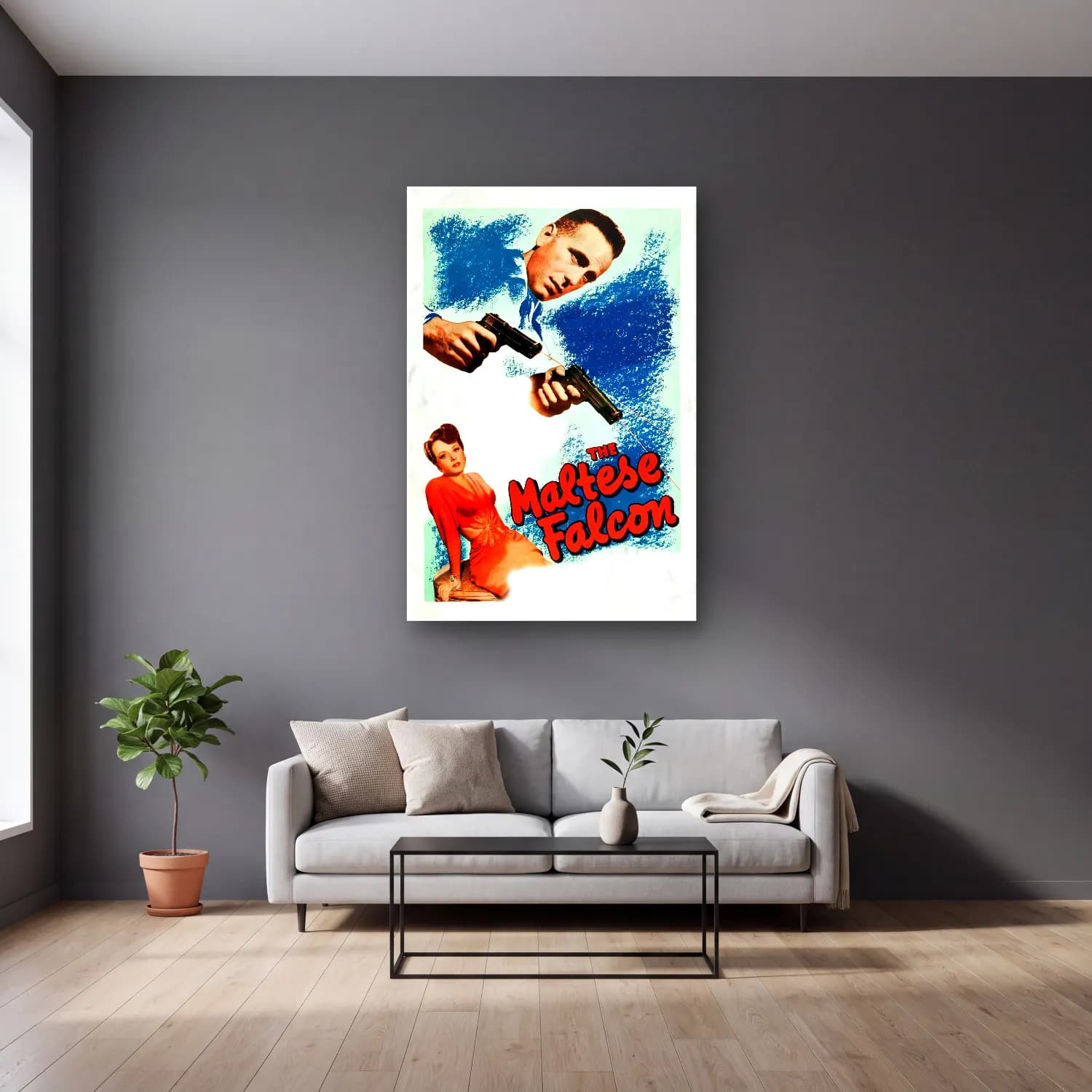 Vintage Poster Papağan cam tablo — gri duvarlı salonda