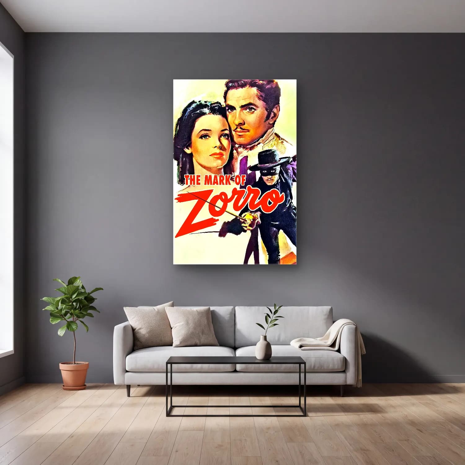 Vintage Poster Yazılı Tasarım No. 79 cam tablo — gri duvarlı salonda
