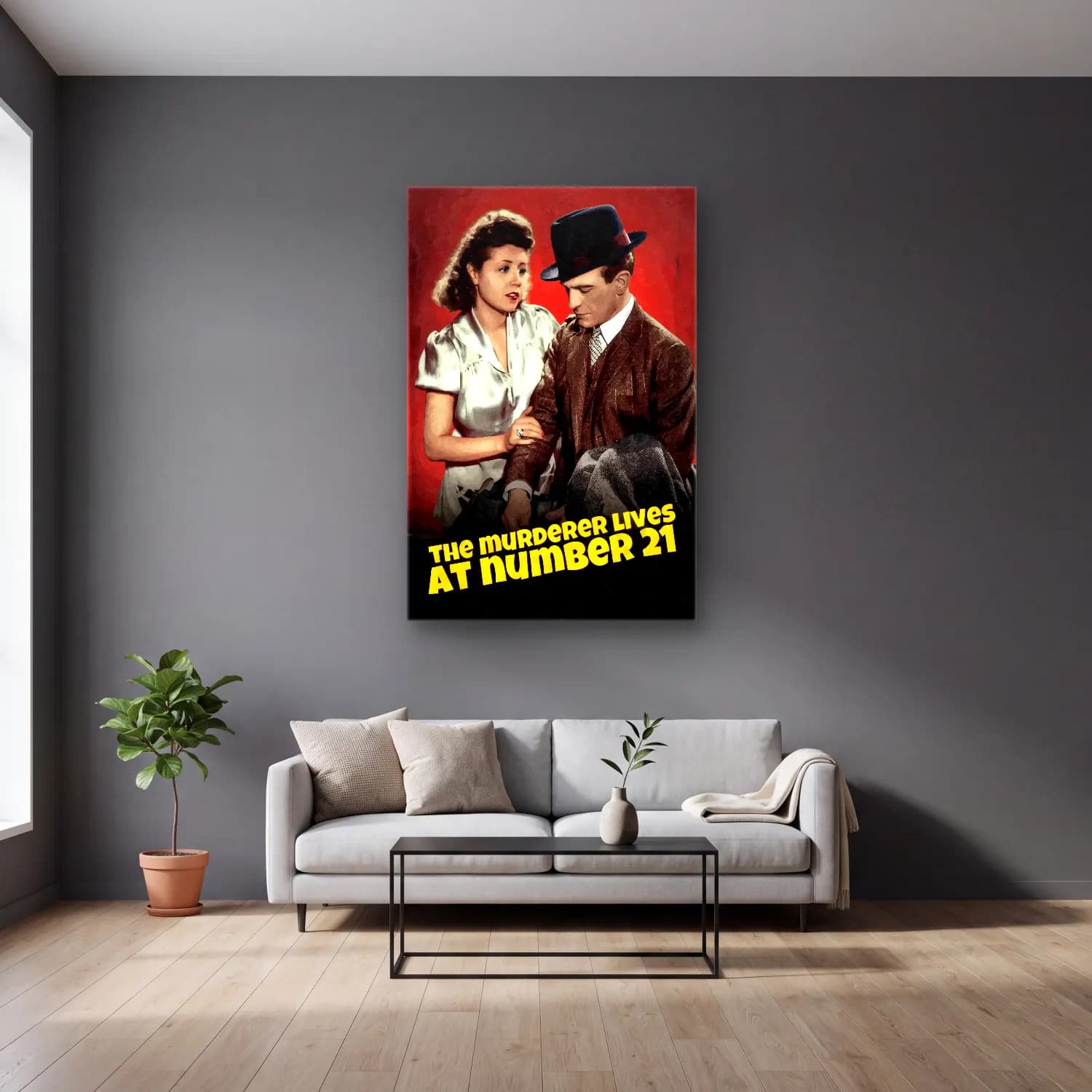 Vintage Poster Aşıklar No. 49 cam tablo — gri duvarlı salonda