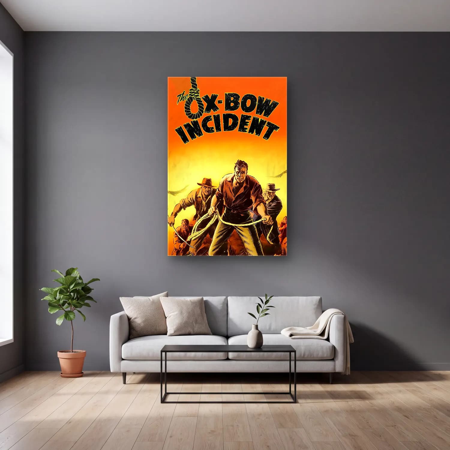 Vintage Poster Fiyonk – Turuncu Tonlar cam tablo — gri duvarlı salonda