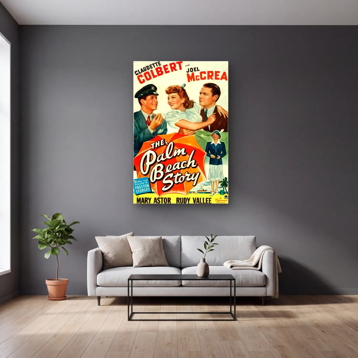 Vintage Poster Palmiyeli Tropik Sahil No. 8 cam tablo — gri duvarlı salonda