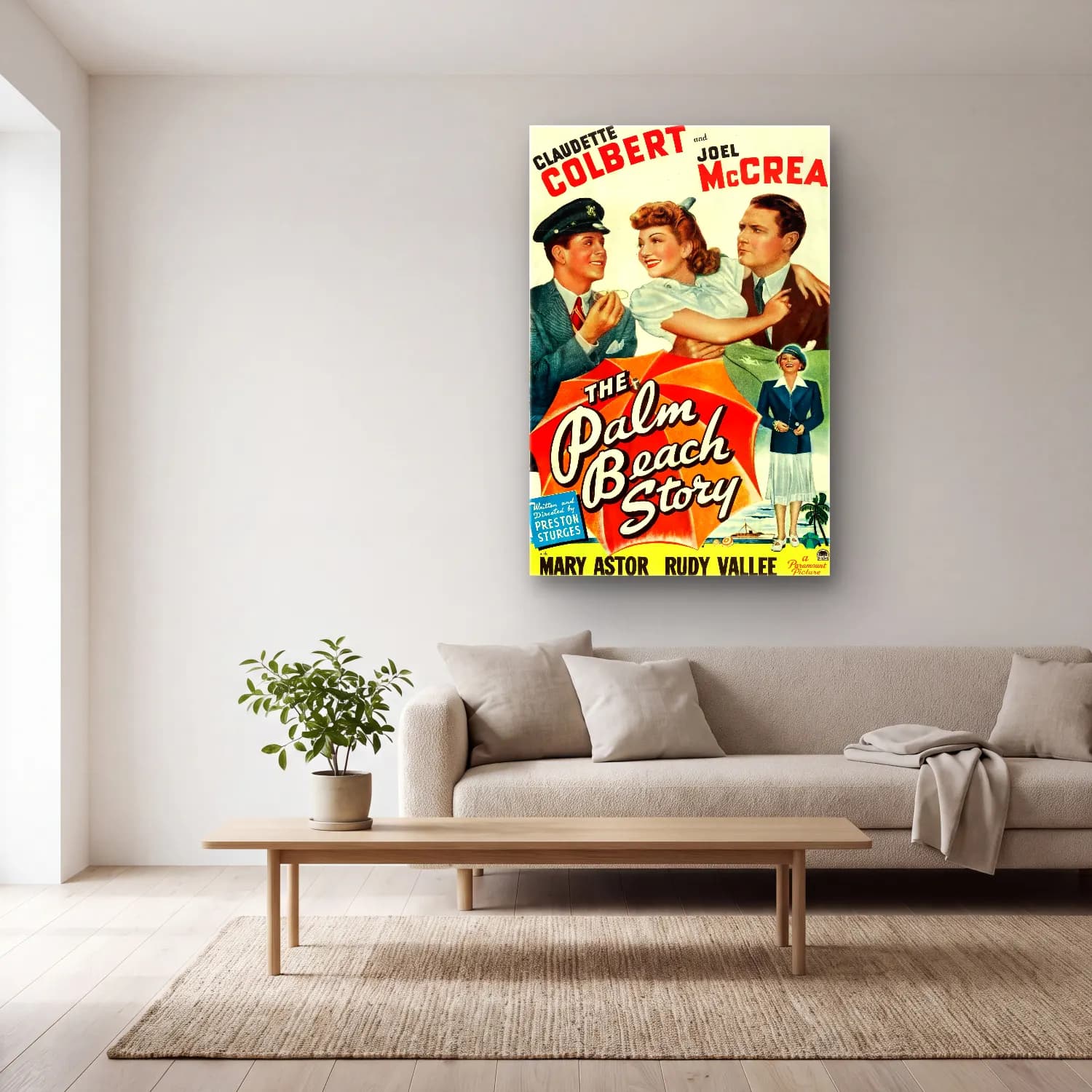 Vintage Poster Palmiyeli Tropik Sahil No. 8 cam tablo — açık renk salonda