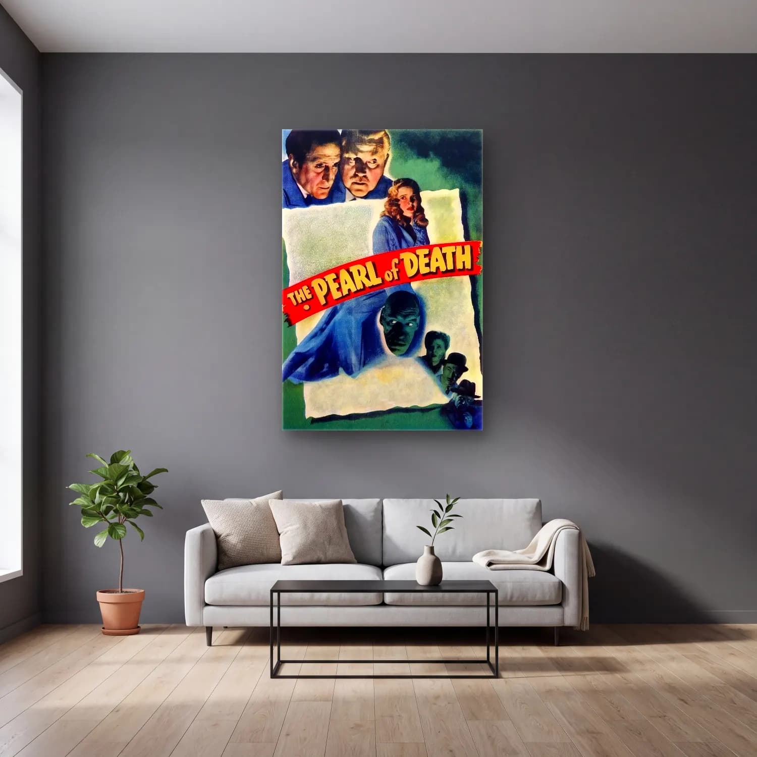 Vintage Poster Mitolojik Sahne – Mavi Tonlar cam tablo — gri duvarlı salonda