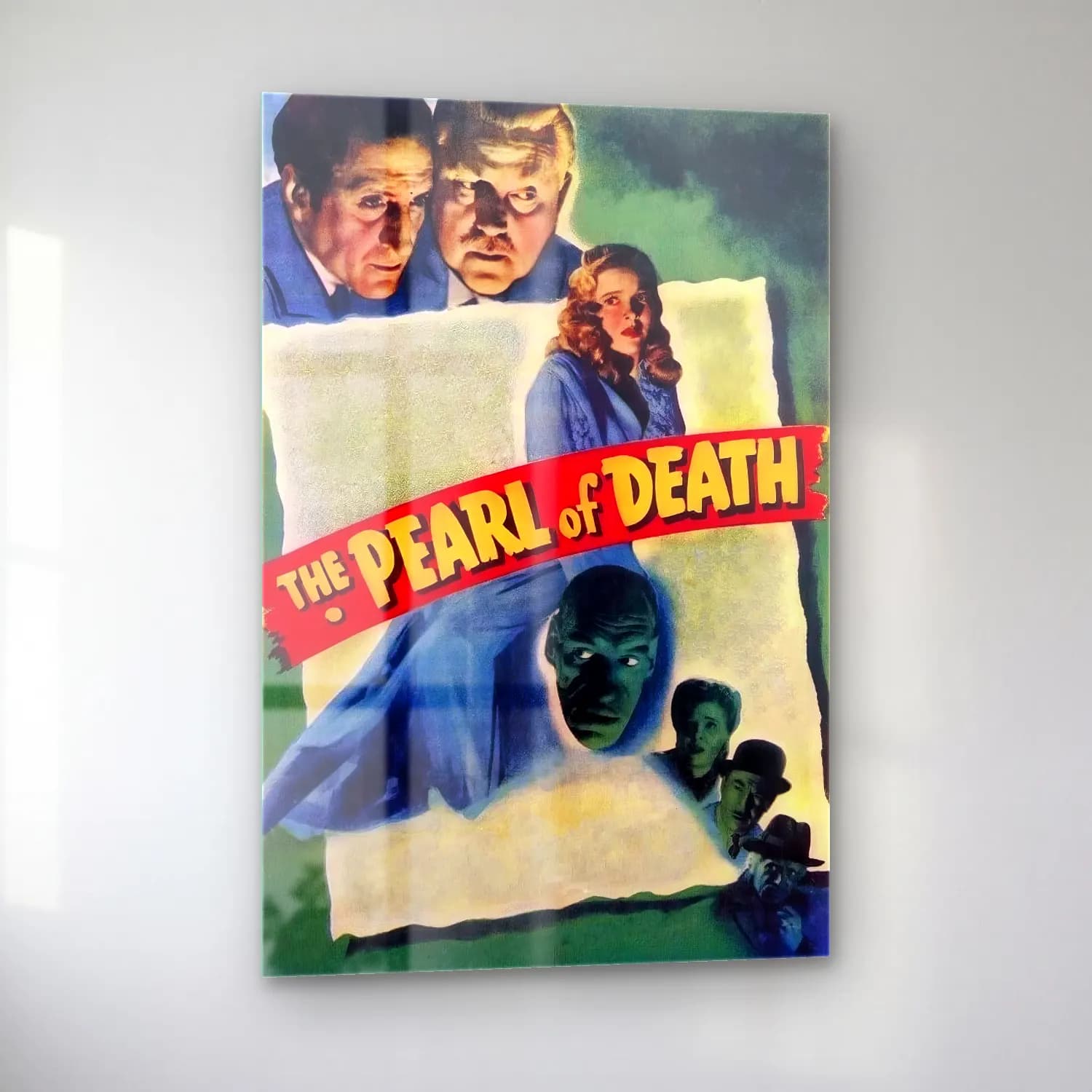 Vintage Poster Mitolojik Sahne – Mavi Tonlar cam tablo — sol açıdan görünüm