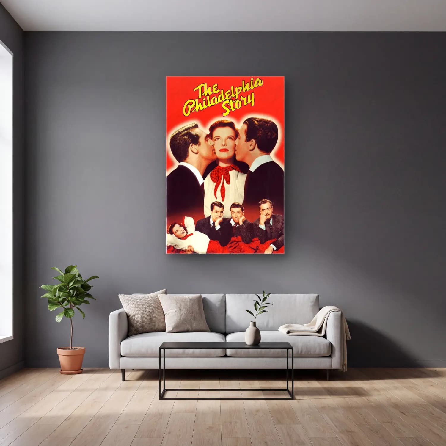 Vintage Poster Fiyonk – Kırmızı Tonlar cam tablo — gri duvarlı salonda