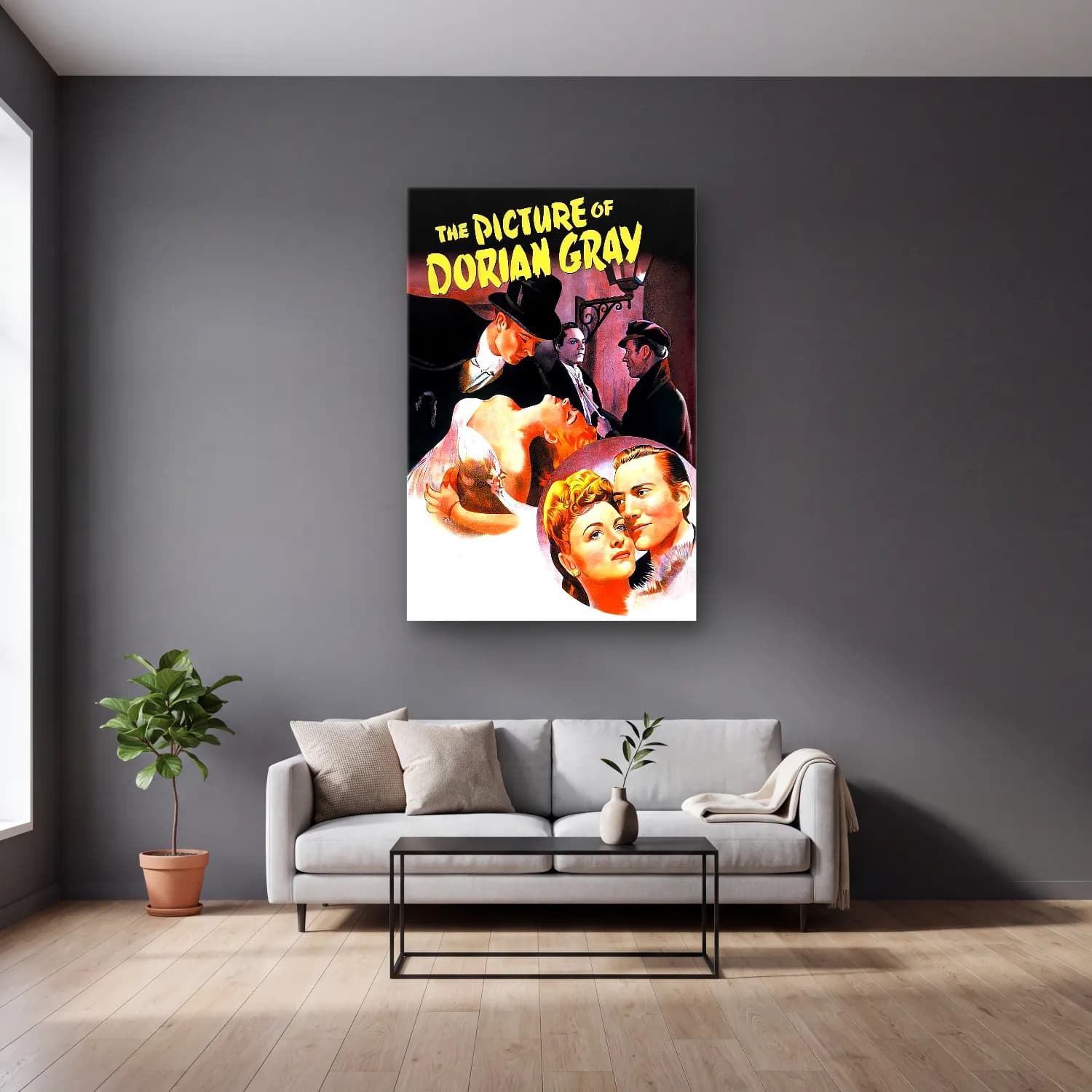 Vintage Poster Fiyonk – Siyah Beyaz Tonlar cam tablo — gri duvarlı salonda