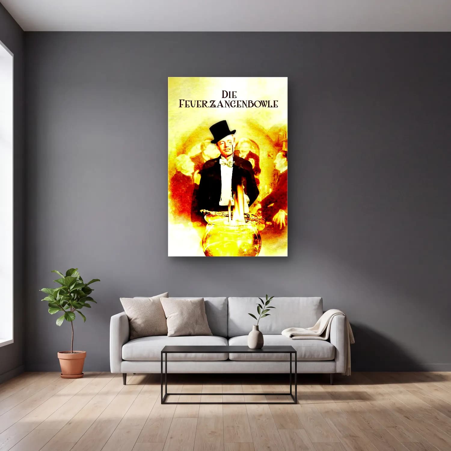 Vintage Poster Erkek Portresi No. 27 cam tablo — gri duvarlı salonda