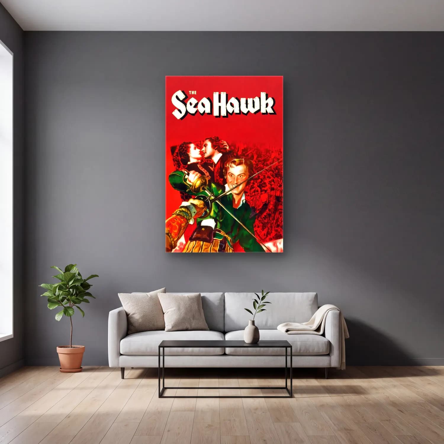 Vintage Poster Şövalye No. 15 cam tablo — gri duvarlı salonda