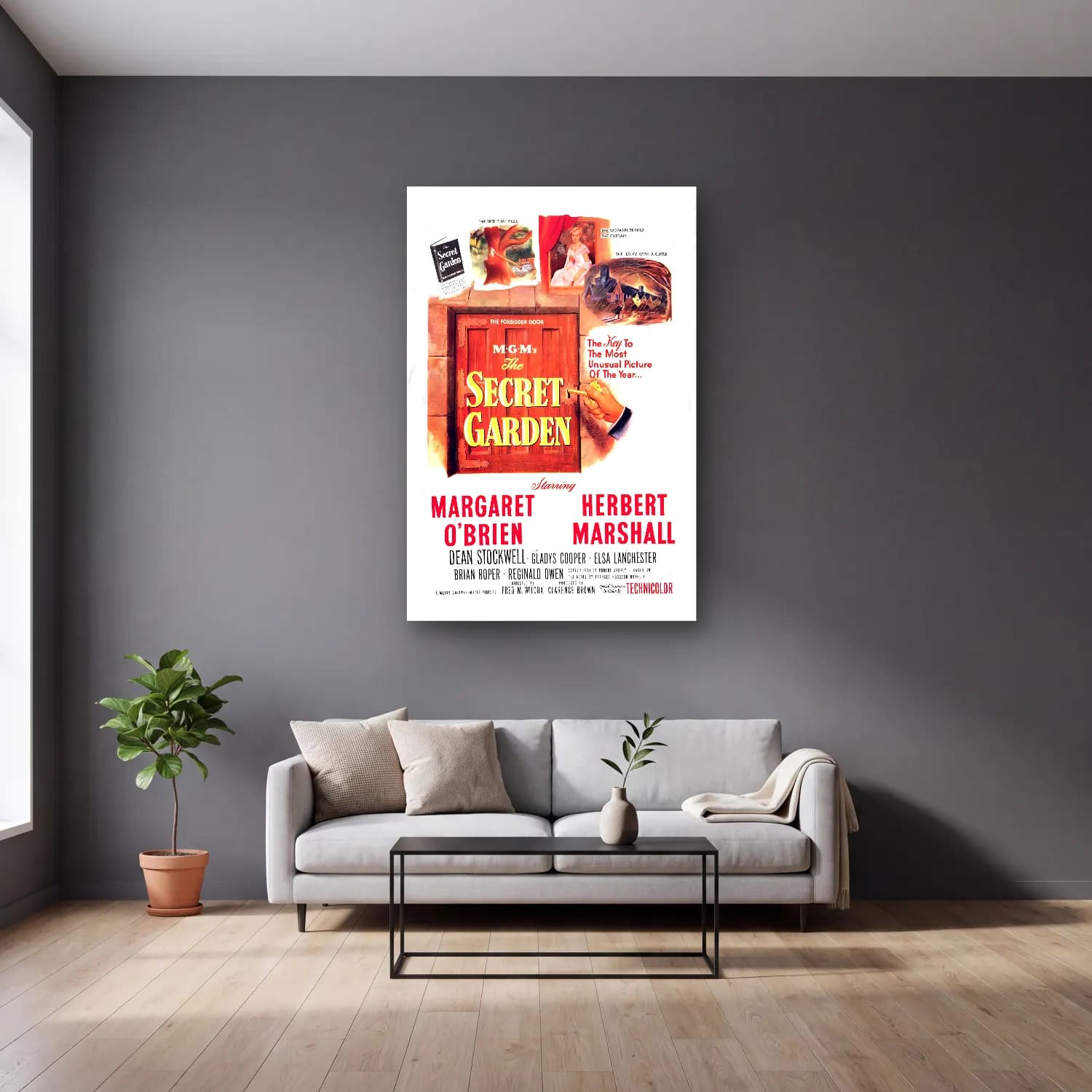 Vintage Poster Çiçek Bahçesi – Turuncu Tonlar cam tablo — gri duvarlı salonda