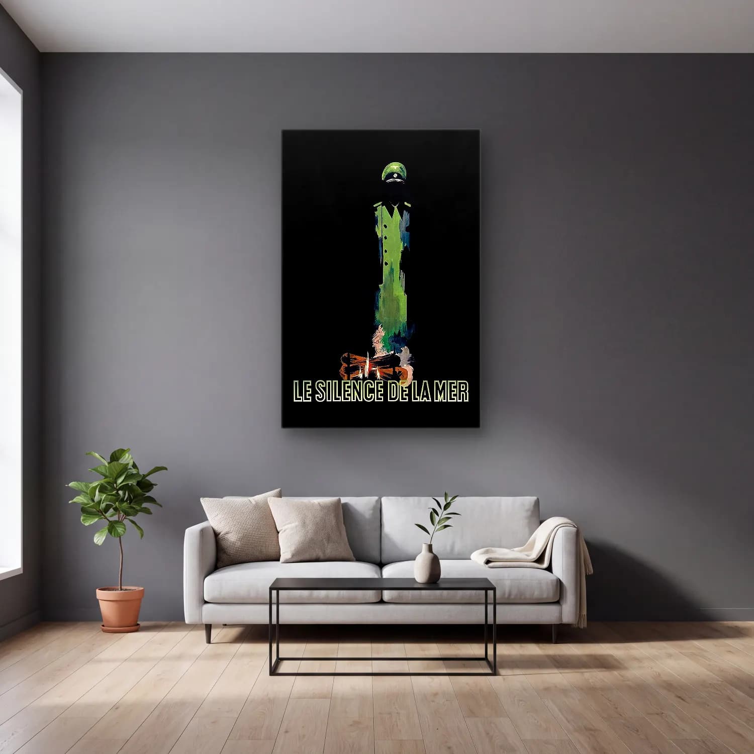 Vintage Poster Mumlar – Yeşil Tonlar cam tablo — gri duvarlı salonda