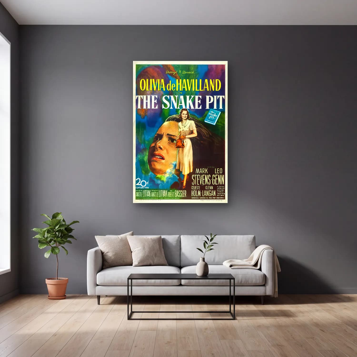 Vintage Poster Yılan – Sarı Tonlar cam tablo — gri duvarlı salonda