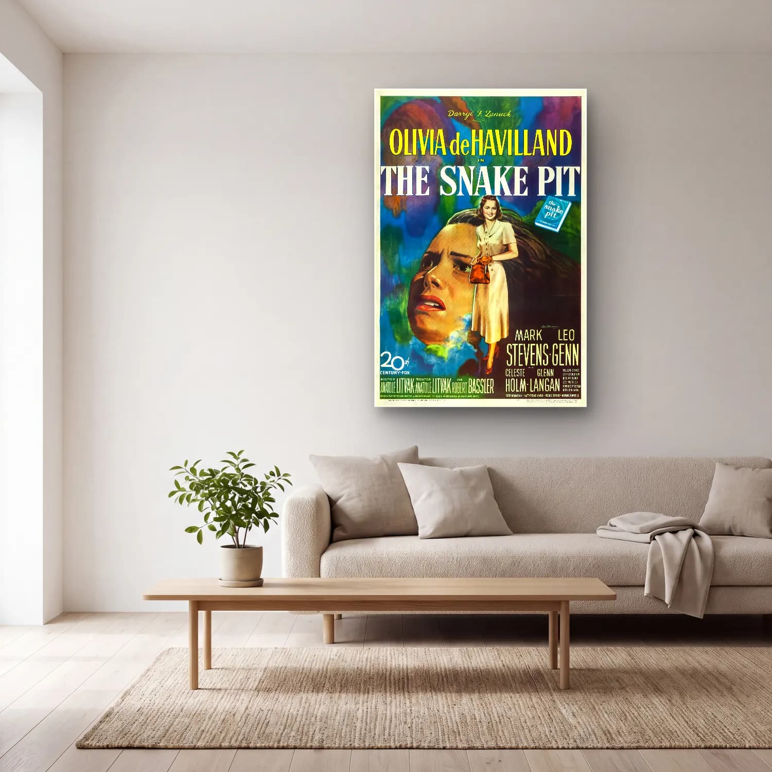Vintage Poster Yılan – Sarı Tonlar cam tablo — açık renk salonda