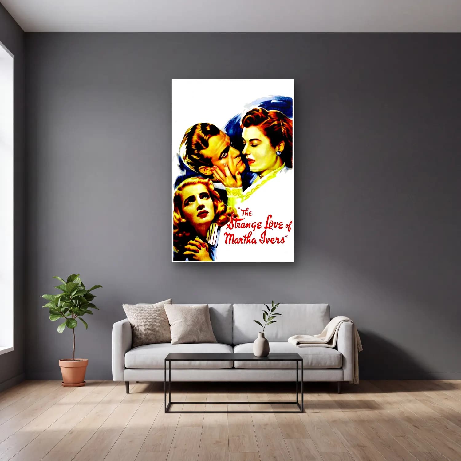 Vintage Poster Aşıklar No. 50 cam tablo — gri duvarlı salonda