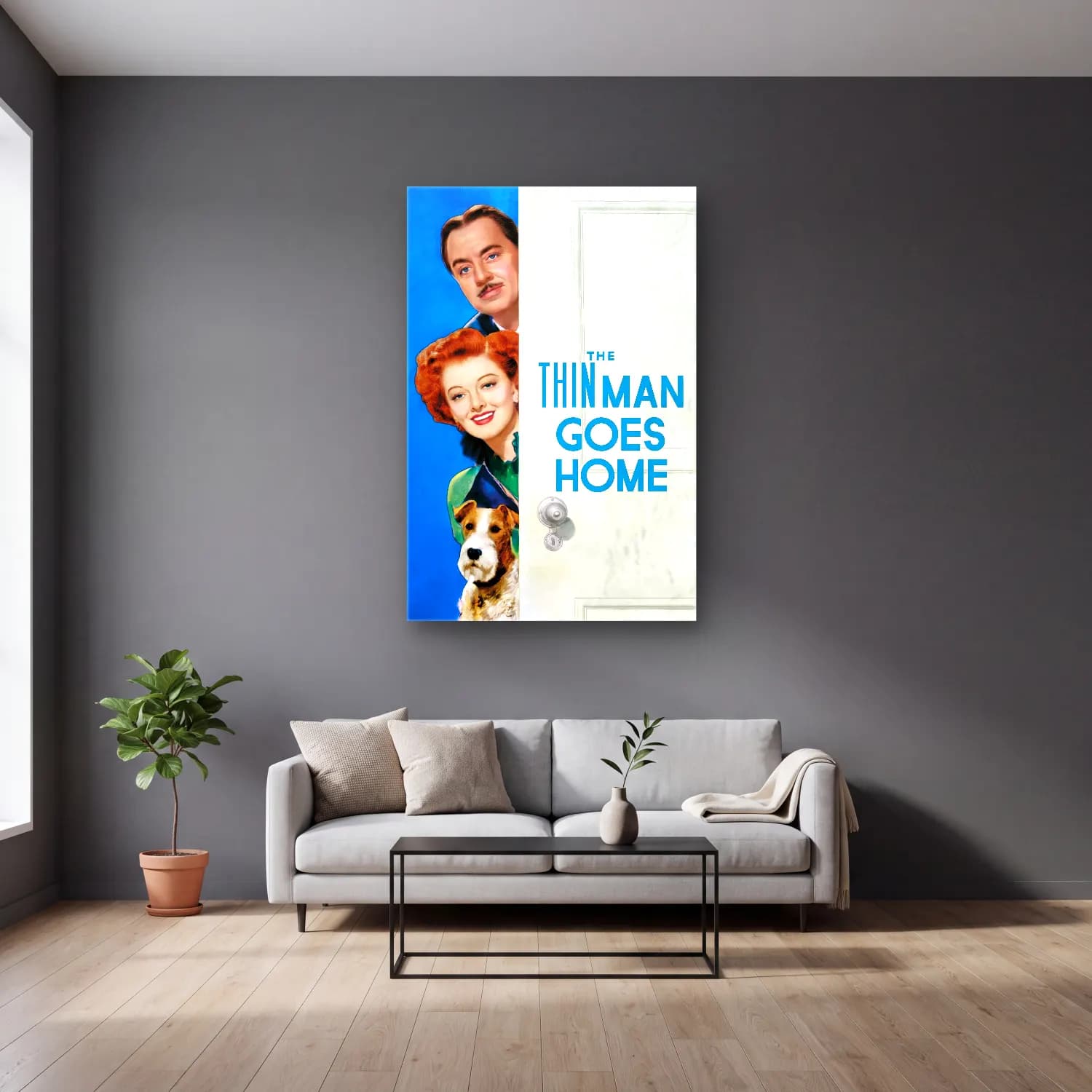 Vintage Poster Erkek Portresi No. 28 cam tablo — gri duvarlı salonda