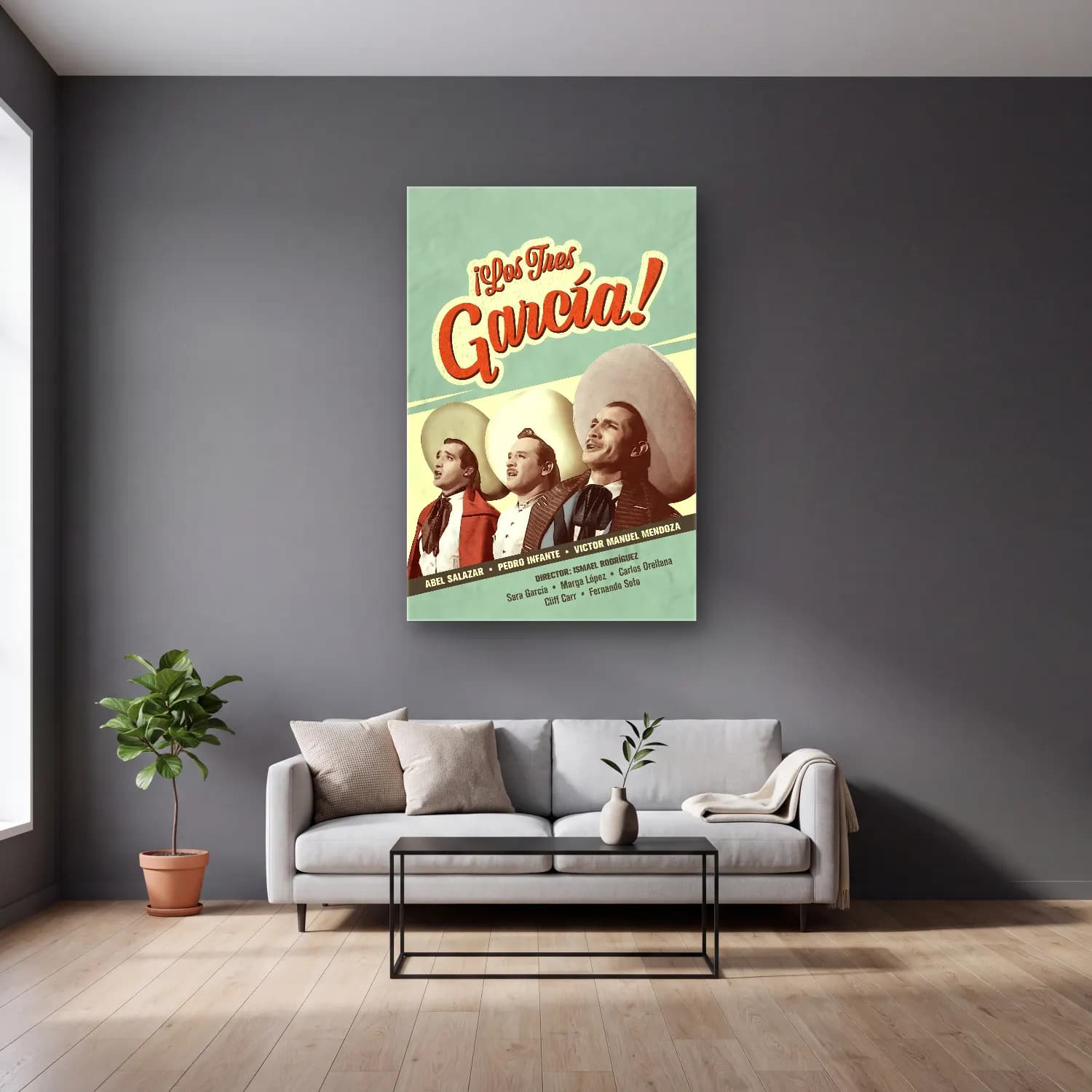 Vintage Poster Kaktüs – Turkuaz Tonlar cam tablo — gri duvarlı salonda