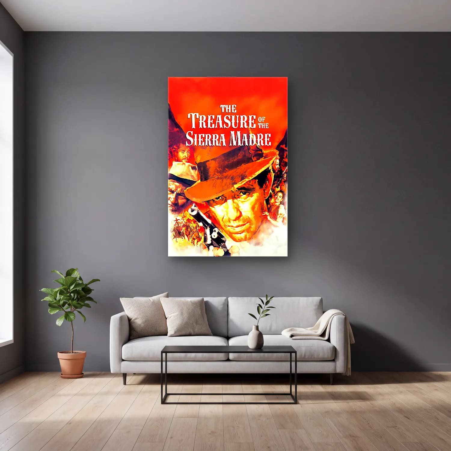 Vintage Poster Antika Harita No. 3 cam tablo — gri duvarlı salonda