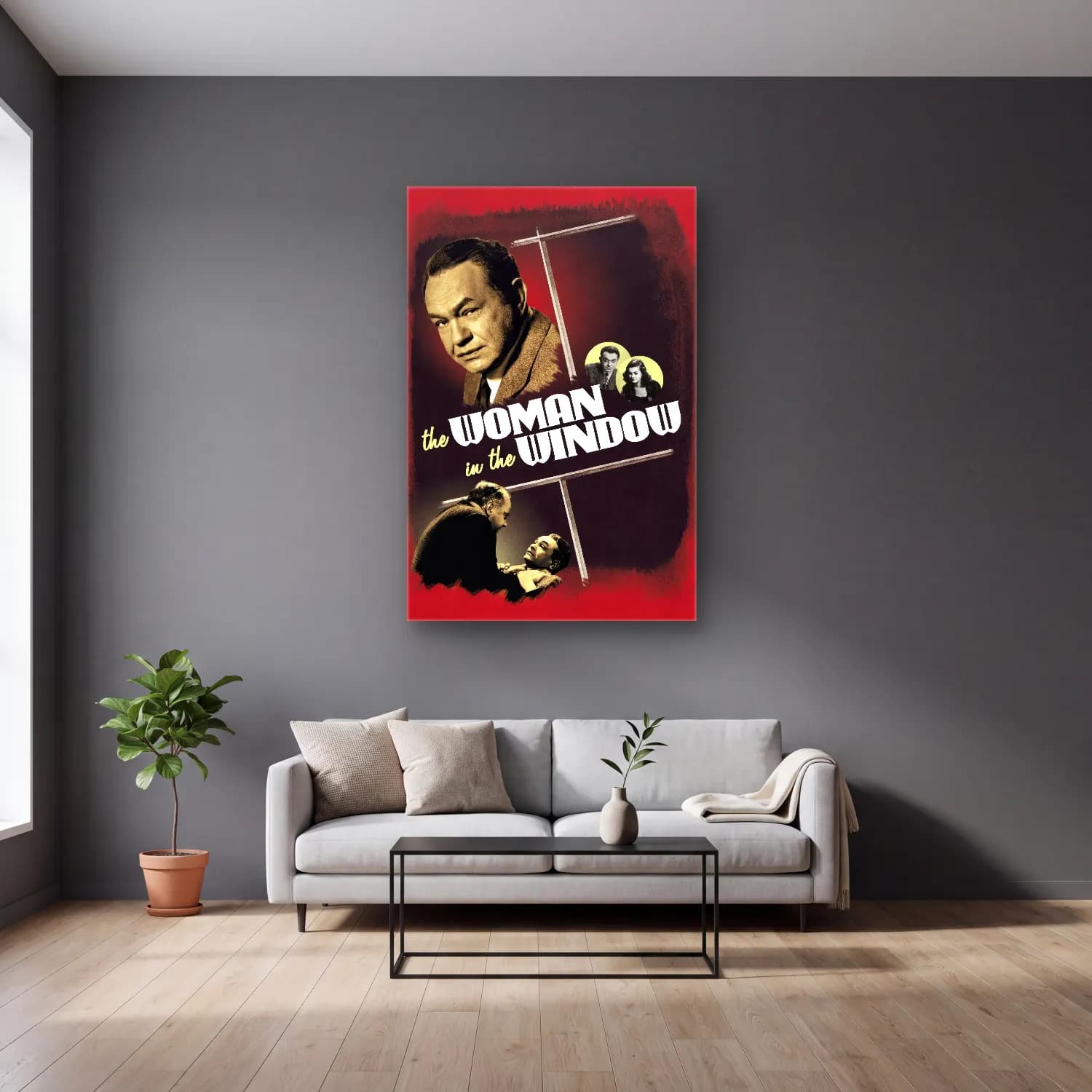 Vintage Poster Pencereden Manzara – Sarı Tonlar cam tablo — gri duvarlı salonda