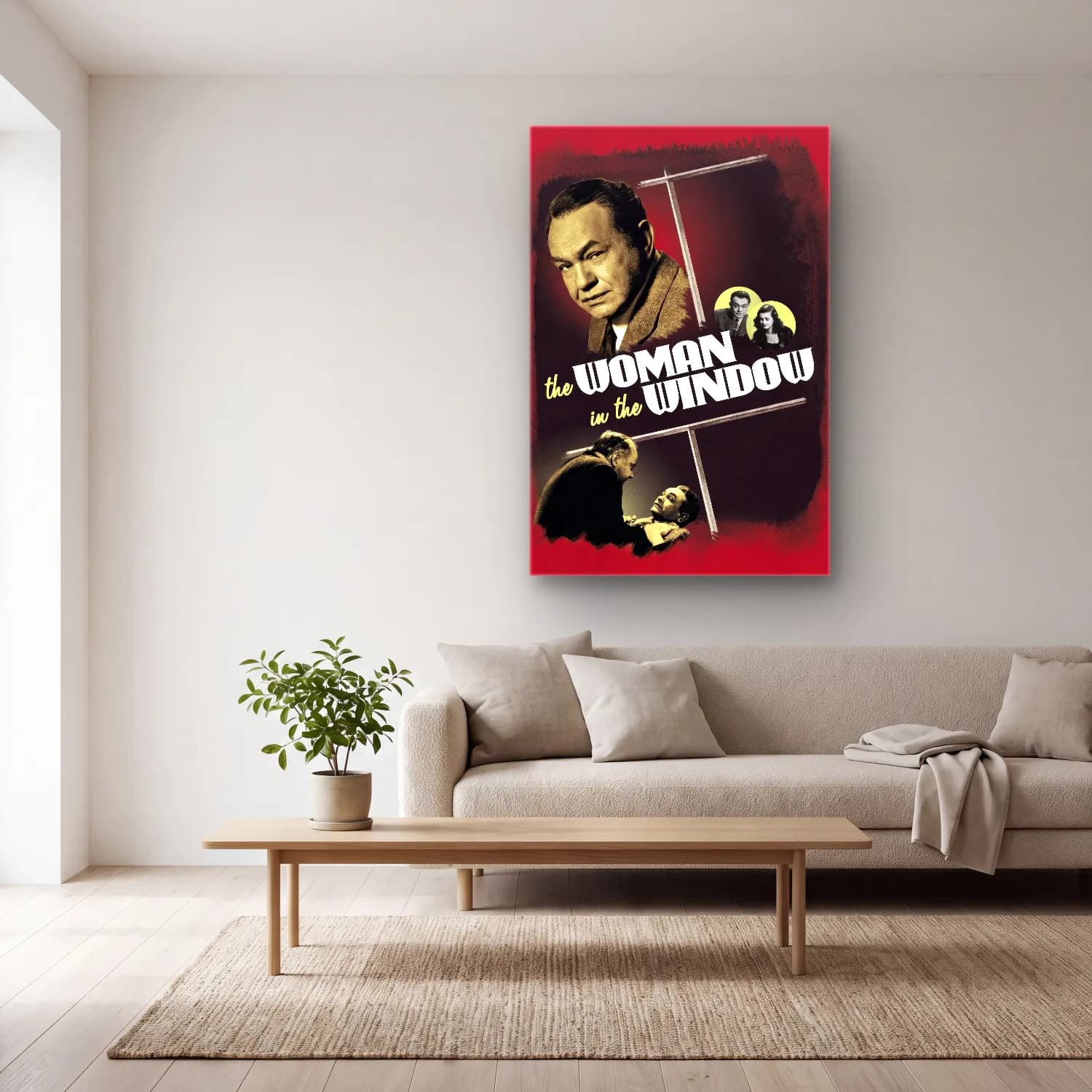 Vintage Poster Pencereden Manzara – Sarı Tonlar cam tablo — açık renk salonda