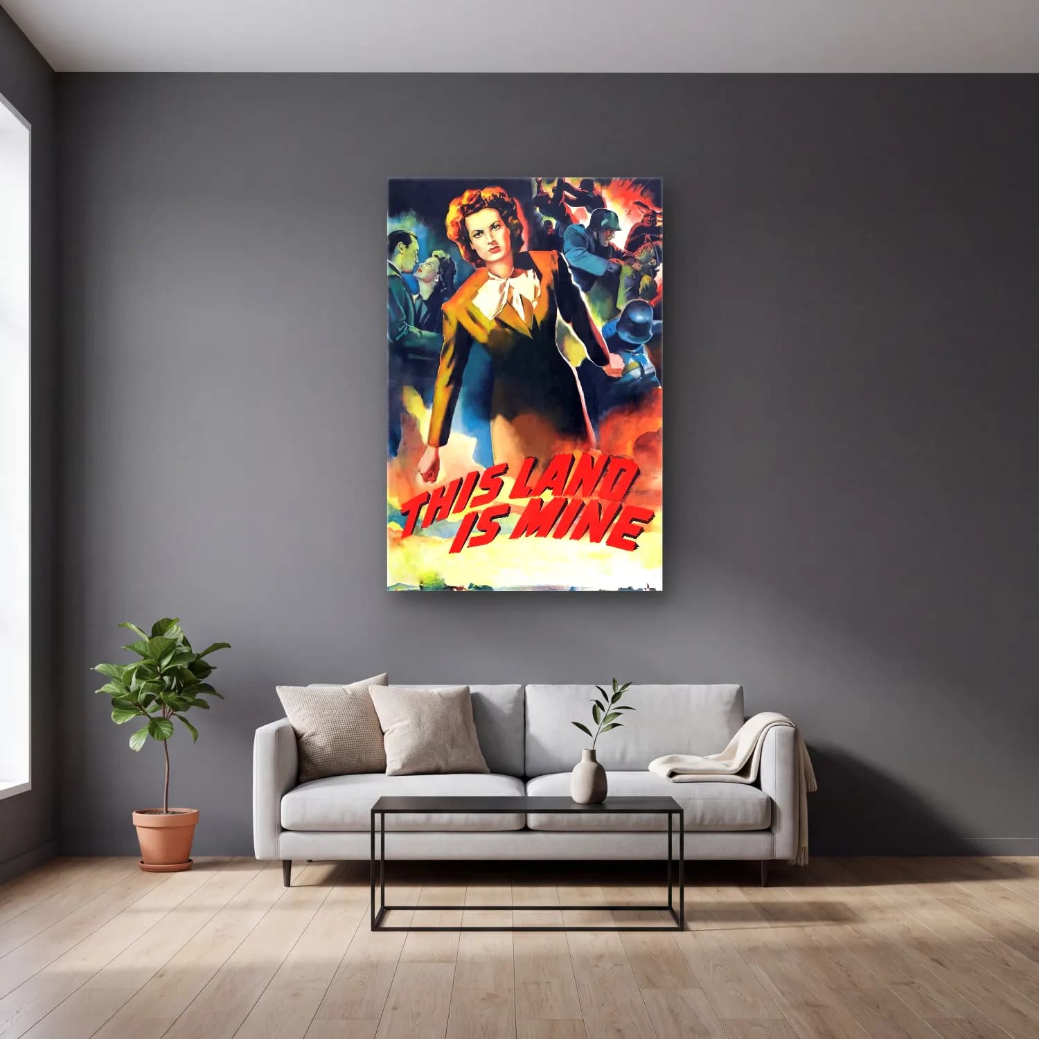 Vintage Poster Savaş Sahnesi No. 10 cam tablo — gri duvarlı salonda