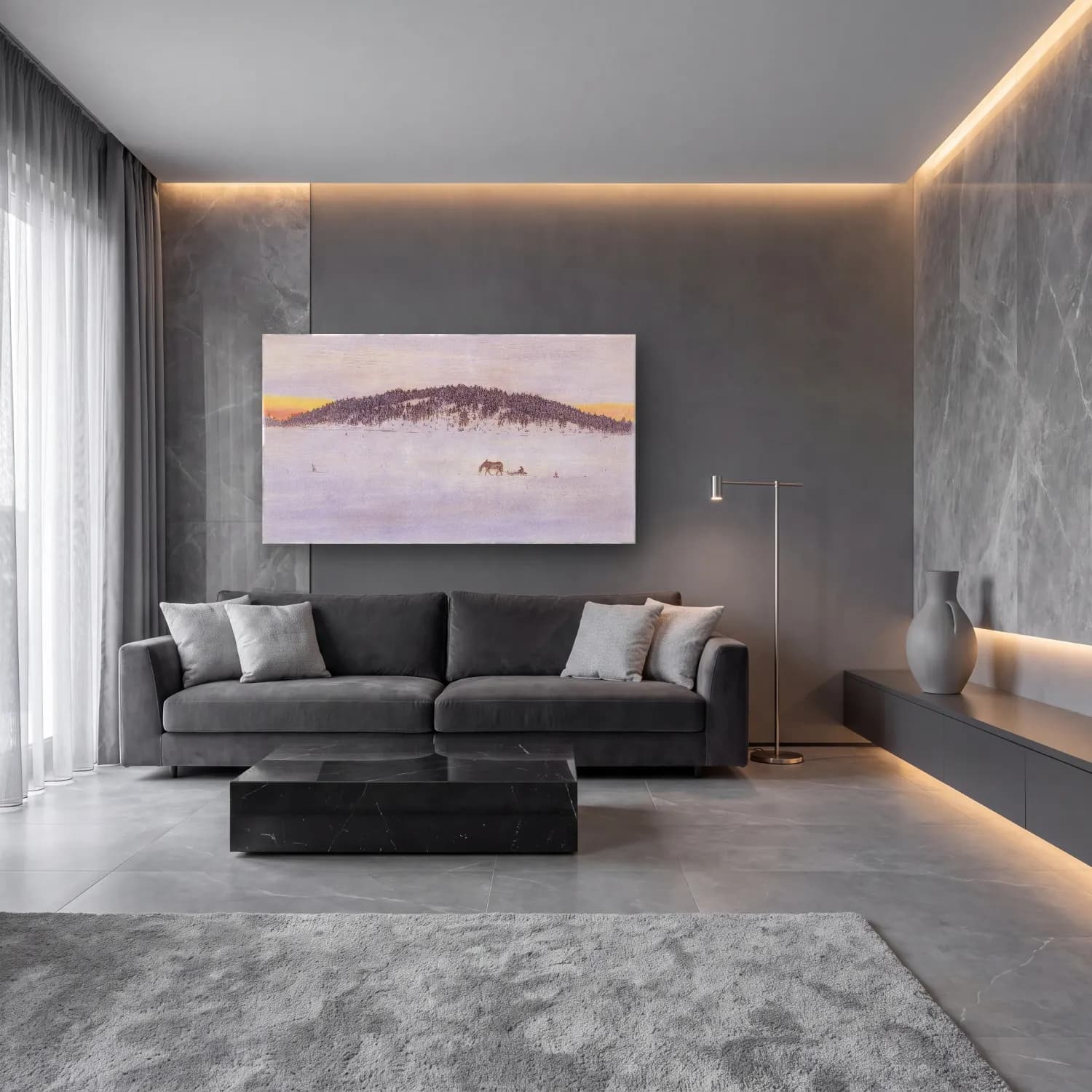 Suluboya Karlı Kış Manzarası No. 4 cam tablo — lüks salon duvarında