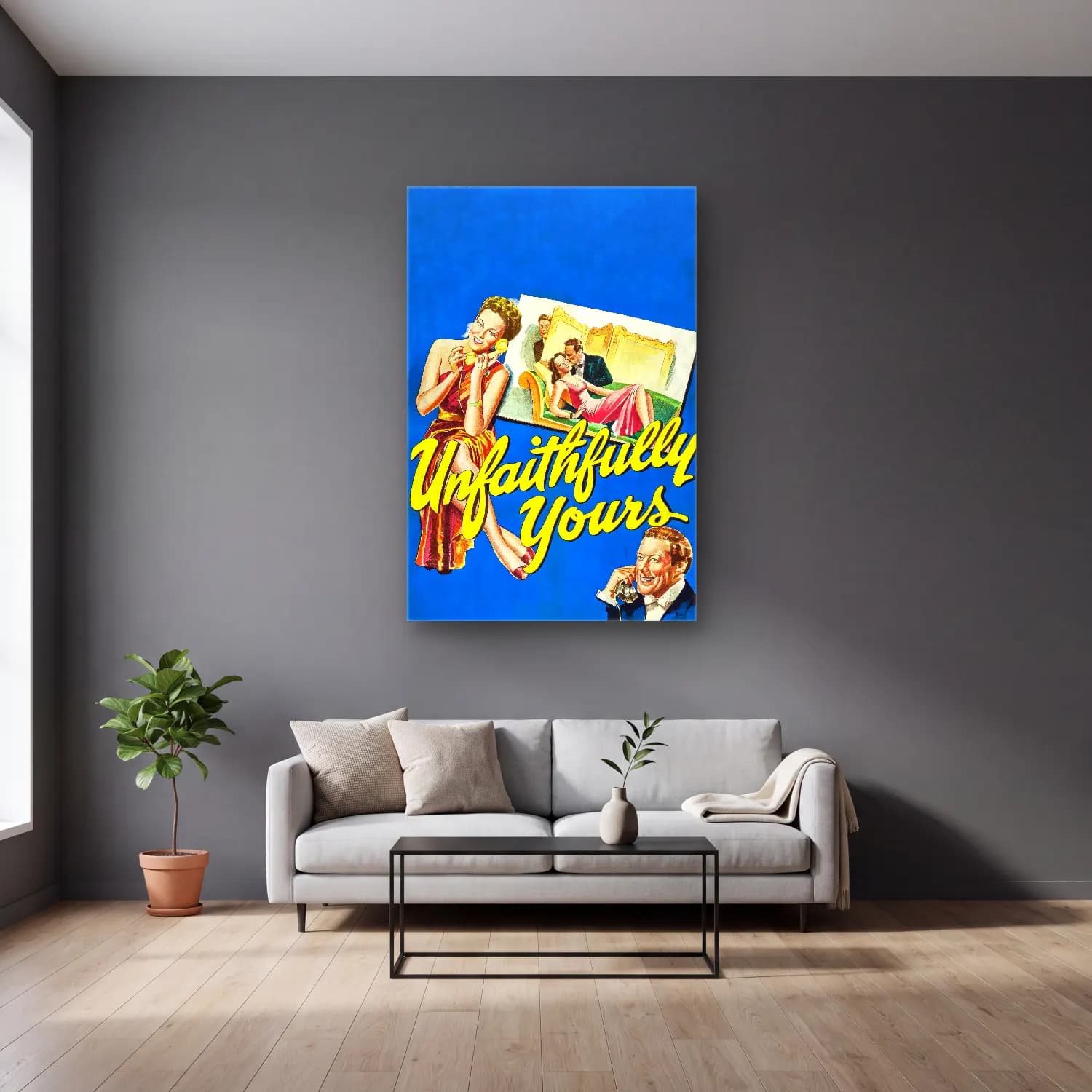 Vintage Poster Elbiseli Kadın No. 55 cam tablo — gri duvarlı salonda