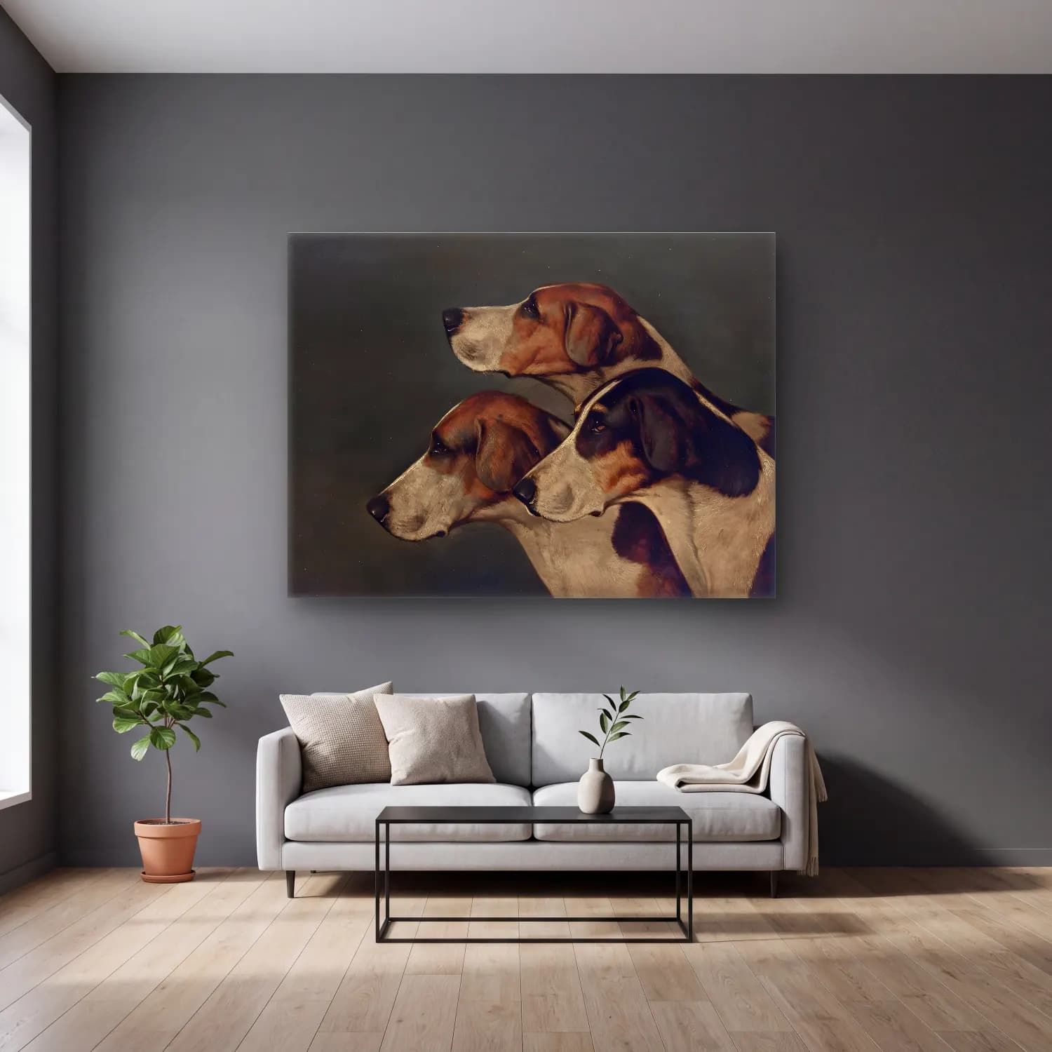 Yağlı Boya Köpek No. 31 cam tablo — gri duvarlı salonda