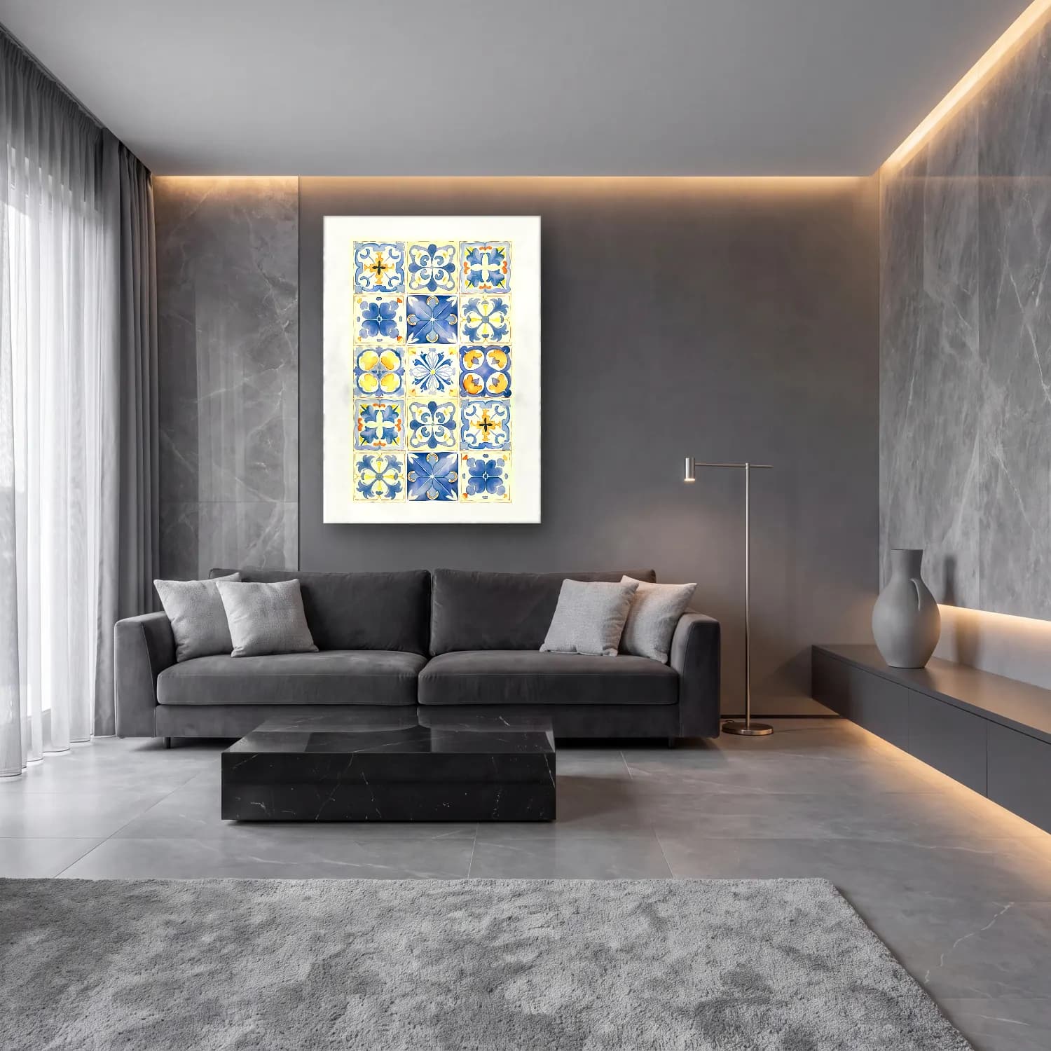 Boho Çiçek Deseni No. 117 cam tablo — lüks salon duvarında