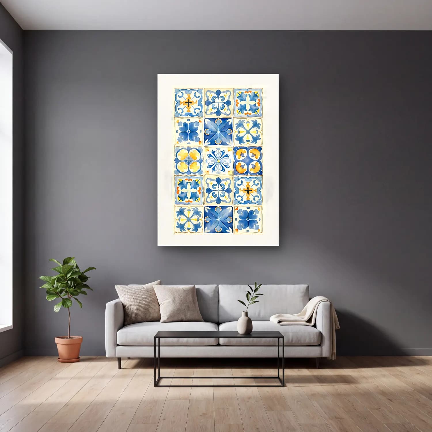 Boho Çiçek Deseni No. 117 cam tablo — gri duvarlı salonda