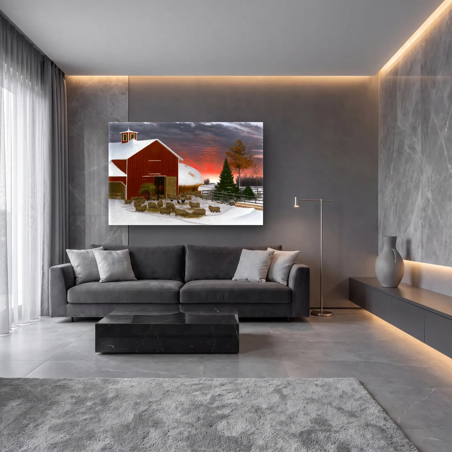 Yağlı Boya Kır Evi – Kırmızı Tonlar cam tablo — lüks salon duvarında