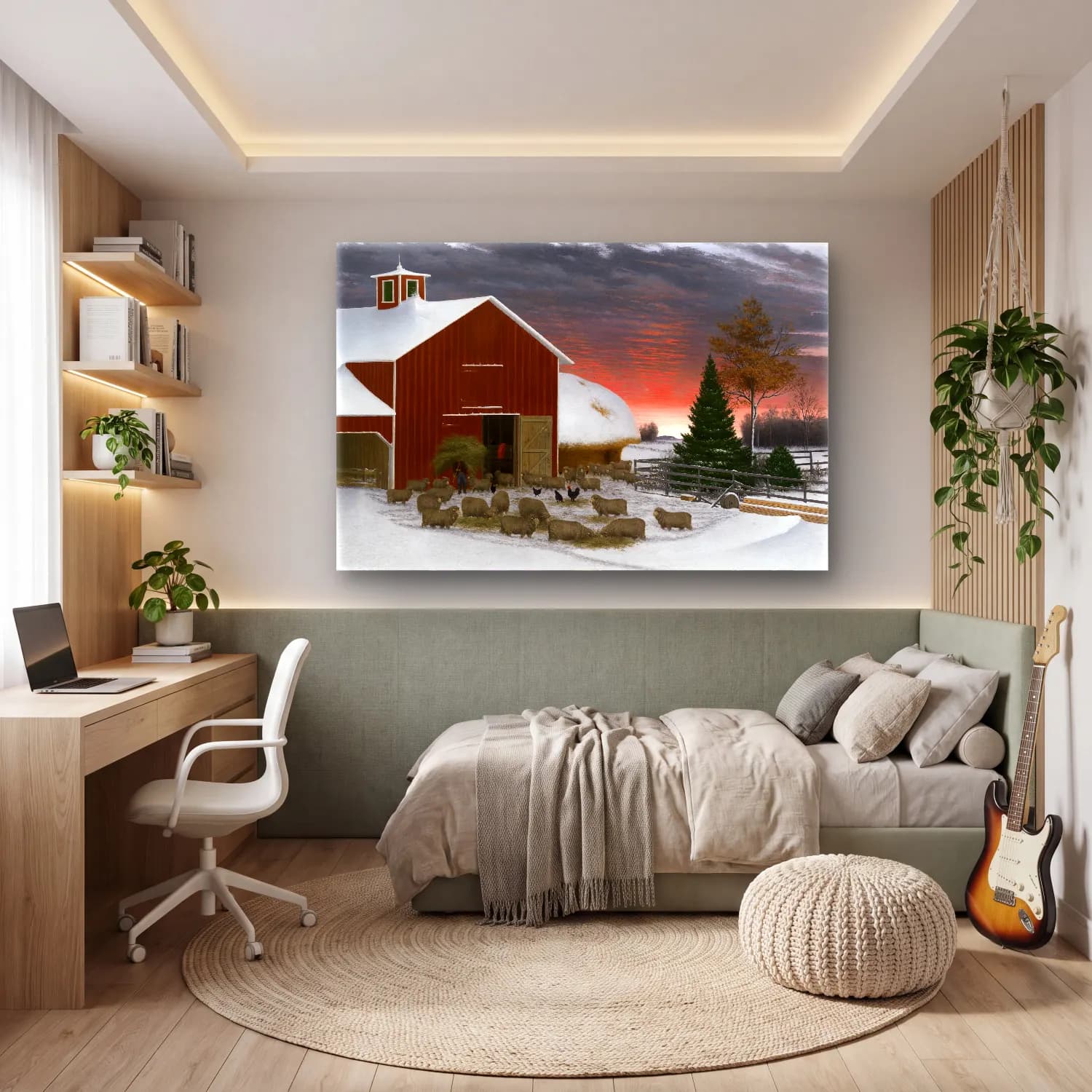 Yağlı Boya Kır Evi – Kırmızı Tonlar cam tablo — genç odasında