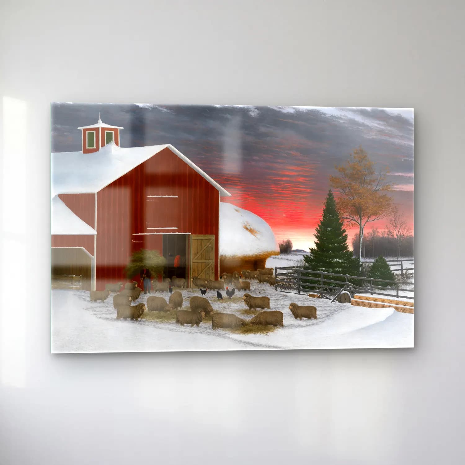 Yağlı Boya Kır Evi – Kırmızı Tonlar cam tablo — sol açıdan görünüm