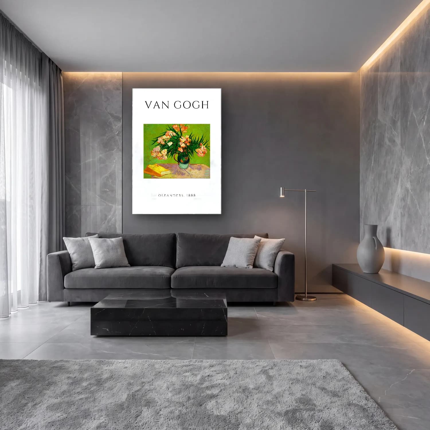 Vintage Poster Vazoda Çiçek Buketi – Yeşil Tonlar cam tablo — lüks salon duvarında
