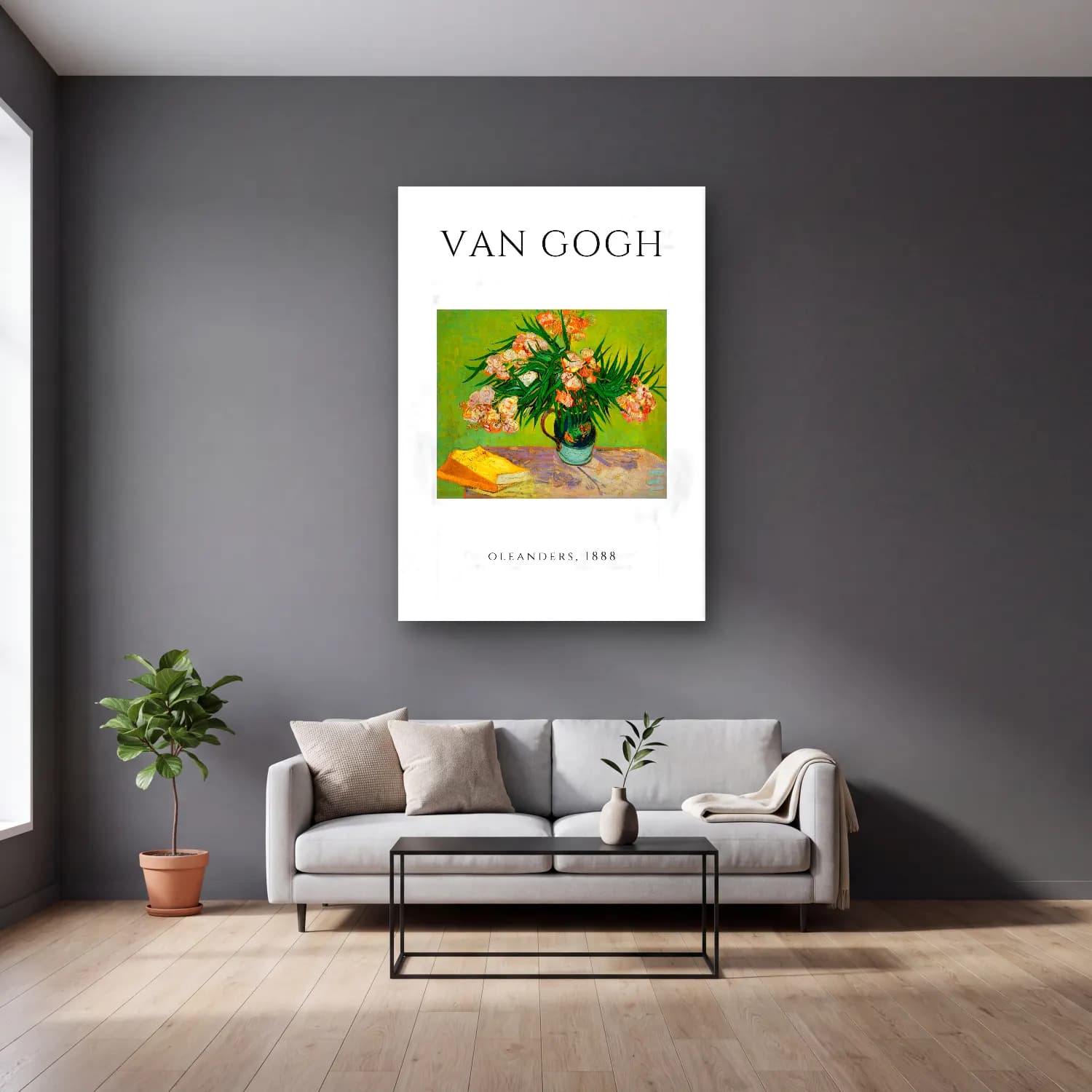 Vintage Poster Vazoda Çiçek Buketi – Yeşil Tonlar cam tablo — gri duvarlı salonda