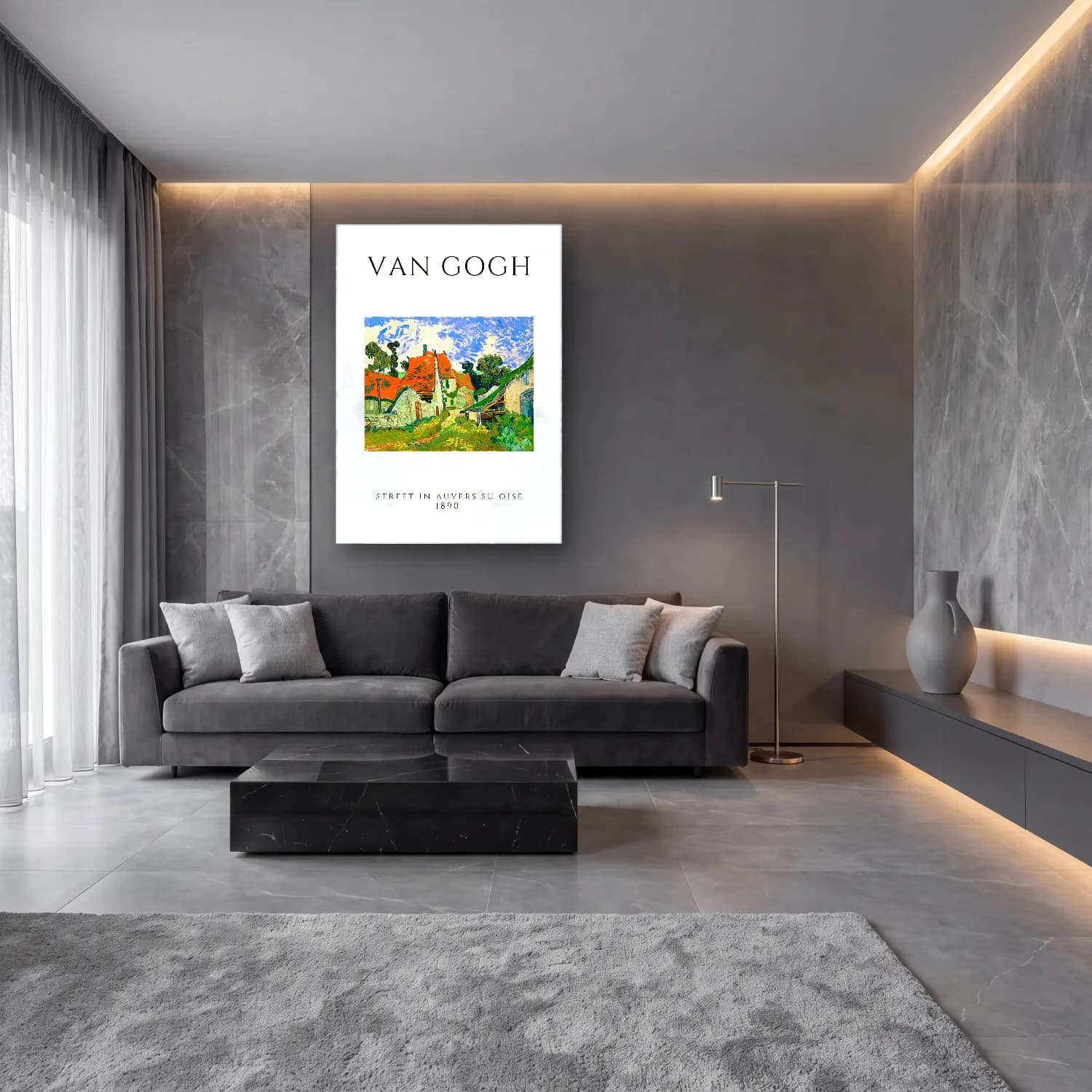Vintage Poster Köy Sokağı – Mavi Tonlar cam tablo — lüks salon duvarında