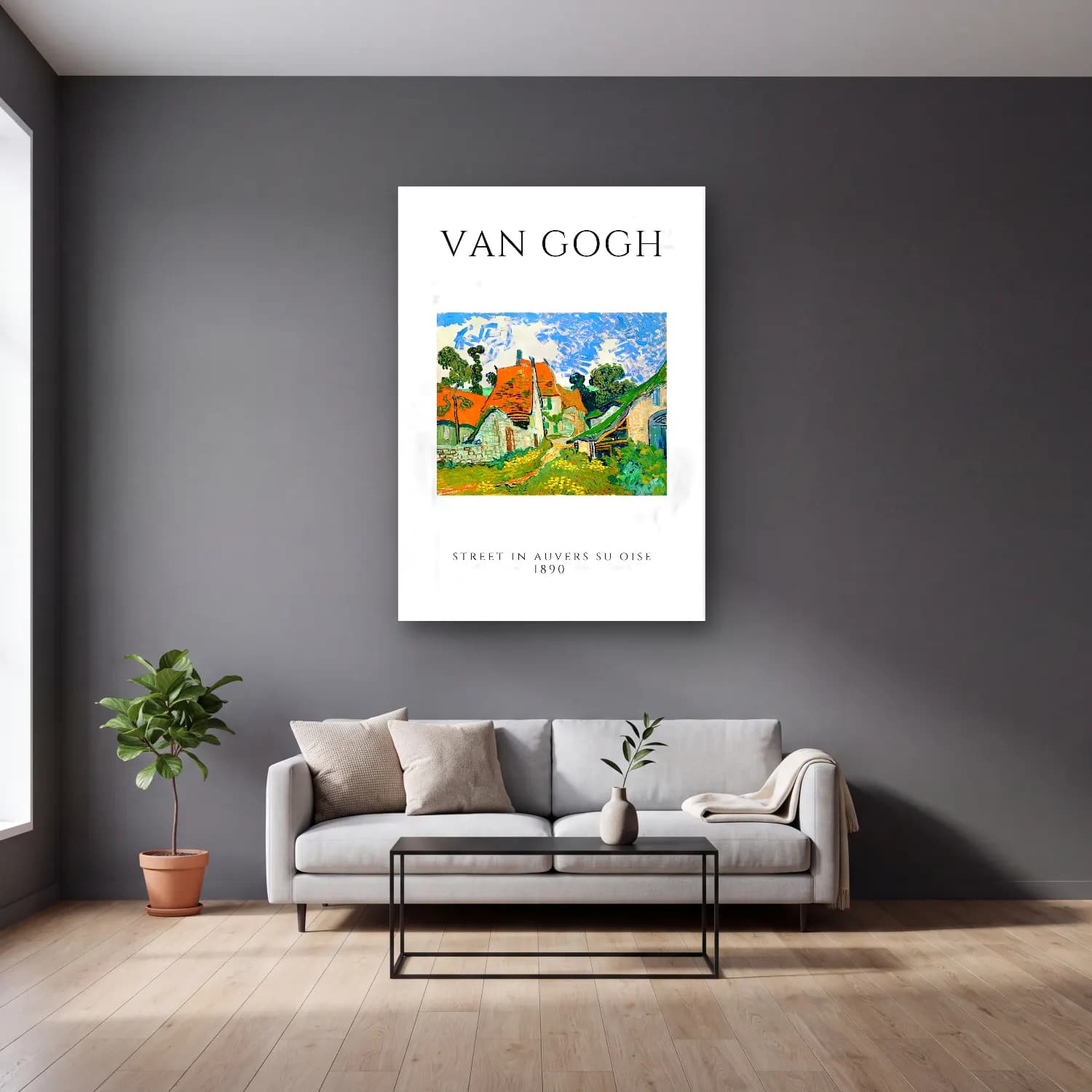 Vintage Poster Köy Sokağı – Mavi Tonlar cam tablo — gri duvarlı salonda