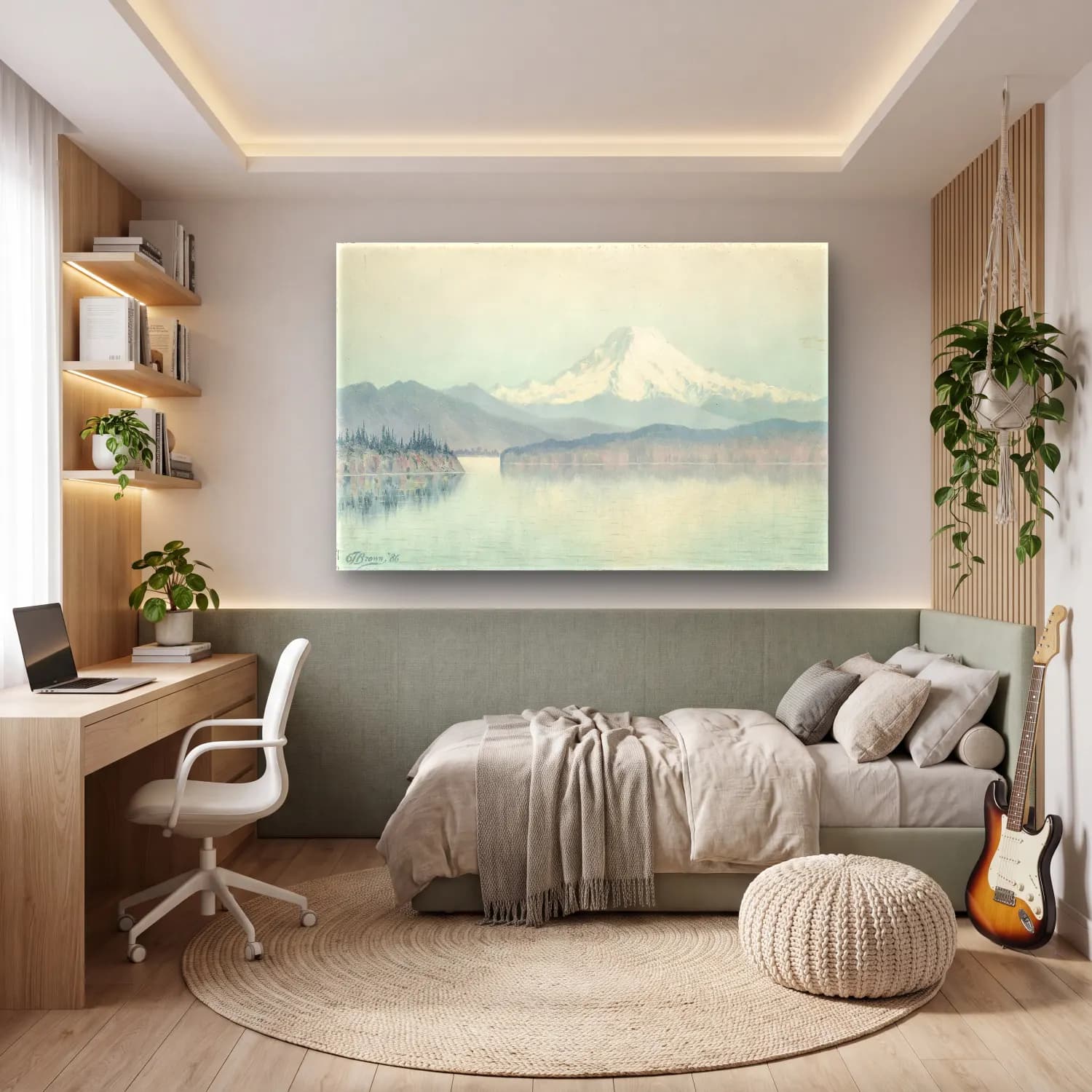 Yağlı Boya Göl ve Dağlar – Pastel Tonlar cam tablo — genç odasında