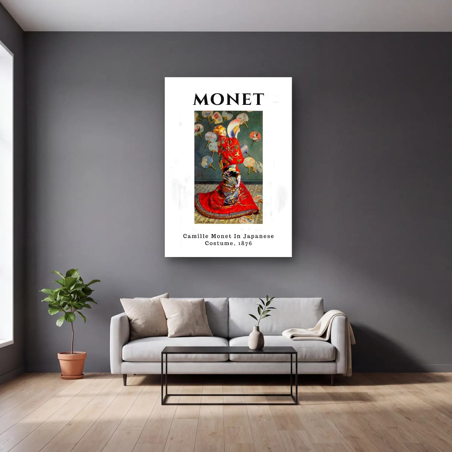 Vintage Poster Elbiseli Kadın No. 57 cam tablo — gri duvarlı salonda
