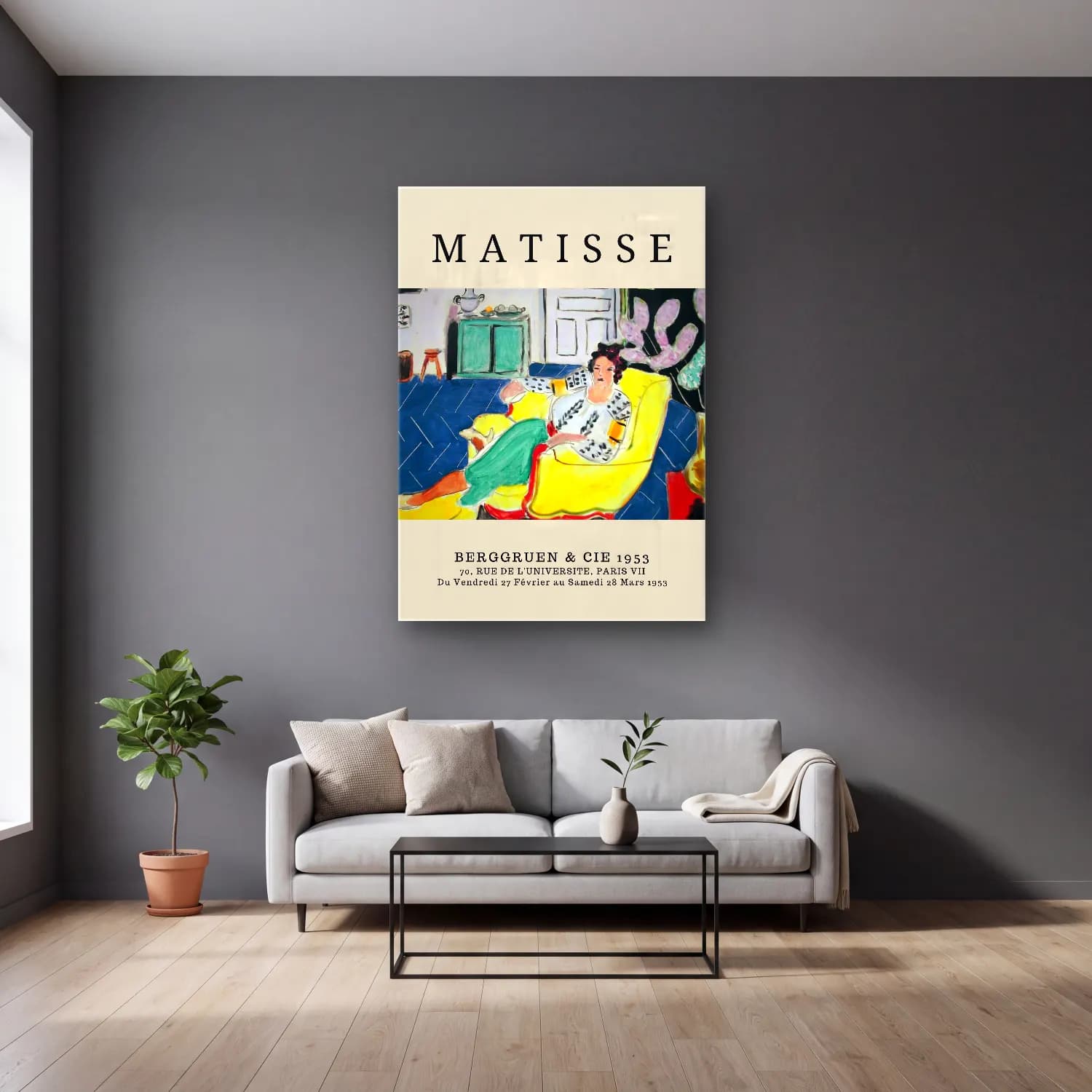 Vintage Poster Kitap Okuyan Kadın No. 22 cam tablo — gri duvarlı salonda